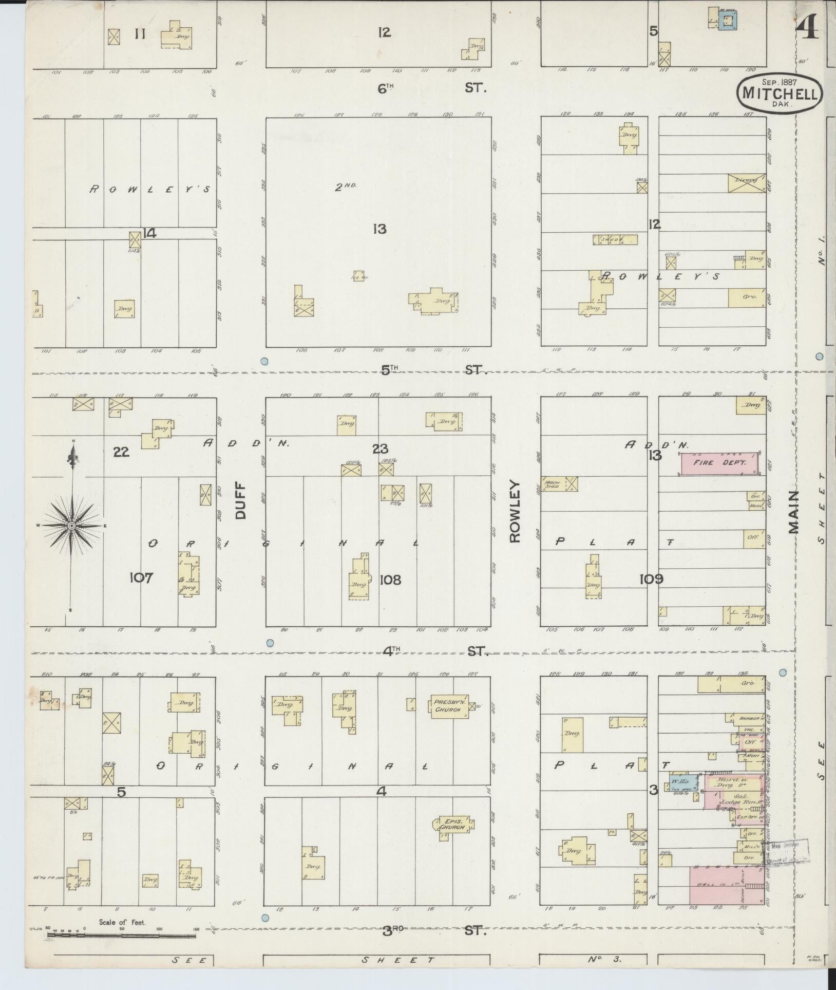 Sanborn Fire Insurance Map from Mitchell, Davison County, South Dakota (1887), Sheet #0004 - Historic Sanborn Fire Insurance Map Print, vintage old map wall art, antique decor, genealogy gift, South Dakota South Dakota map