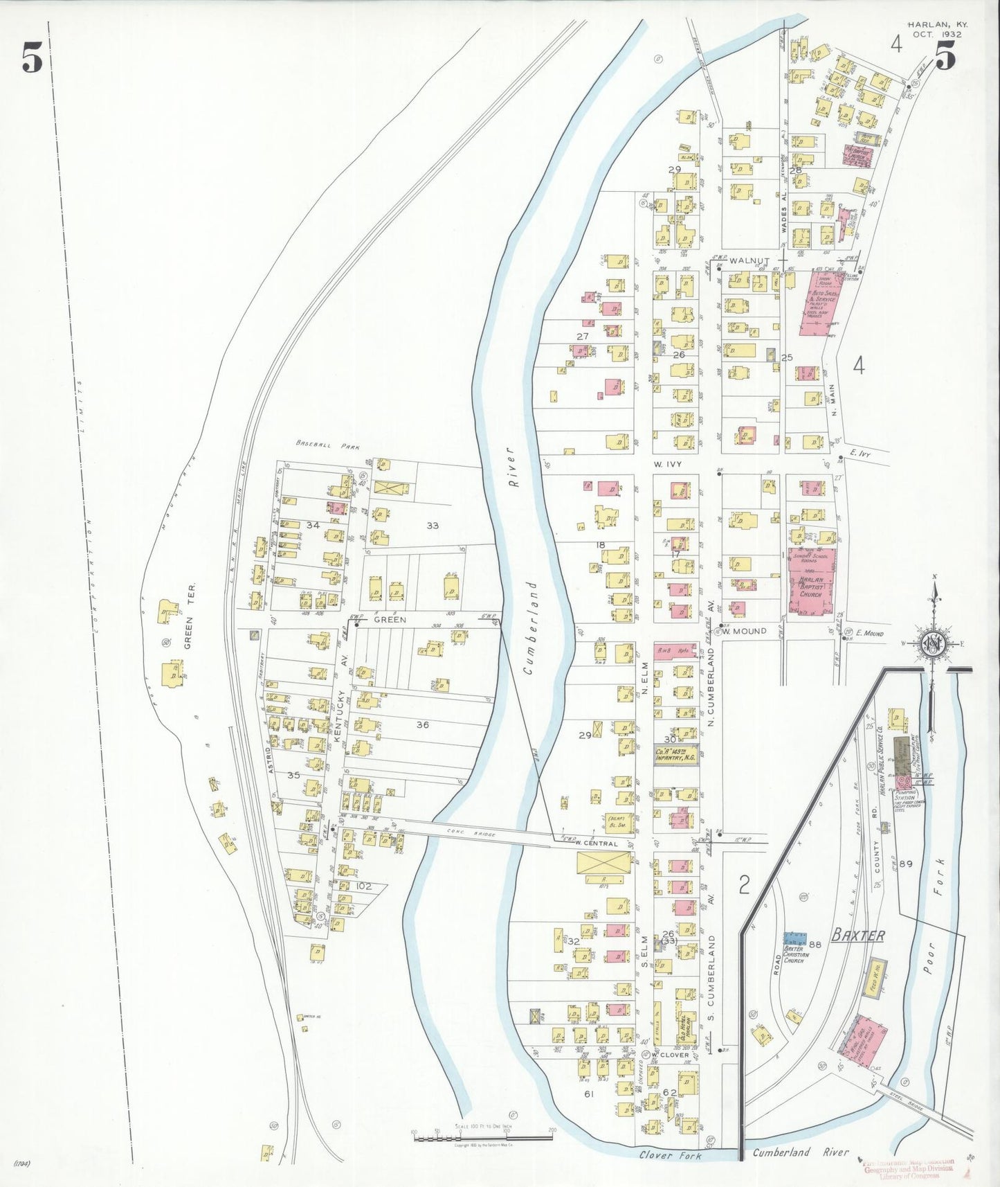 Sanborn Fire Insurance Map from Harlan, Harlan County, Kentucky (1932), Sheet #0005 - Complete Map Set gallery image, historic Sanborn map, vintage wall art, Kentucky Kentucky