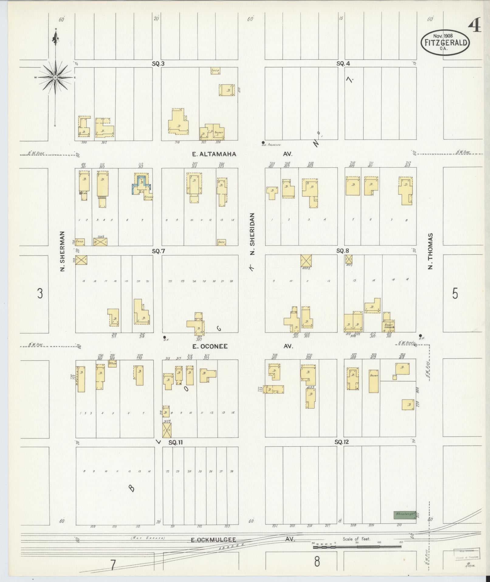 Sanborn Fire Insurance Map from Fitzgerald, Ben Hill County, Georgia (1908), Sheet #0004 - Historic Sanborn Fire Insurance Map Print, vintage old map wall art, antique decor, genealogy gift, Georgia Georgia map
