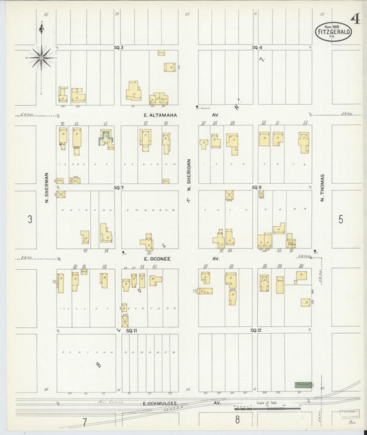 Sanborn Fire Insurance Map from Fitzgerald, Ben Hill County, Georgia (1908), Sheet #0004 - Historic Sanborn Fire Insurance Map Print, vintage old map wall art, antique decor, genealogy gift, Georgia Georgia map