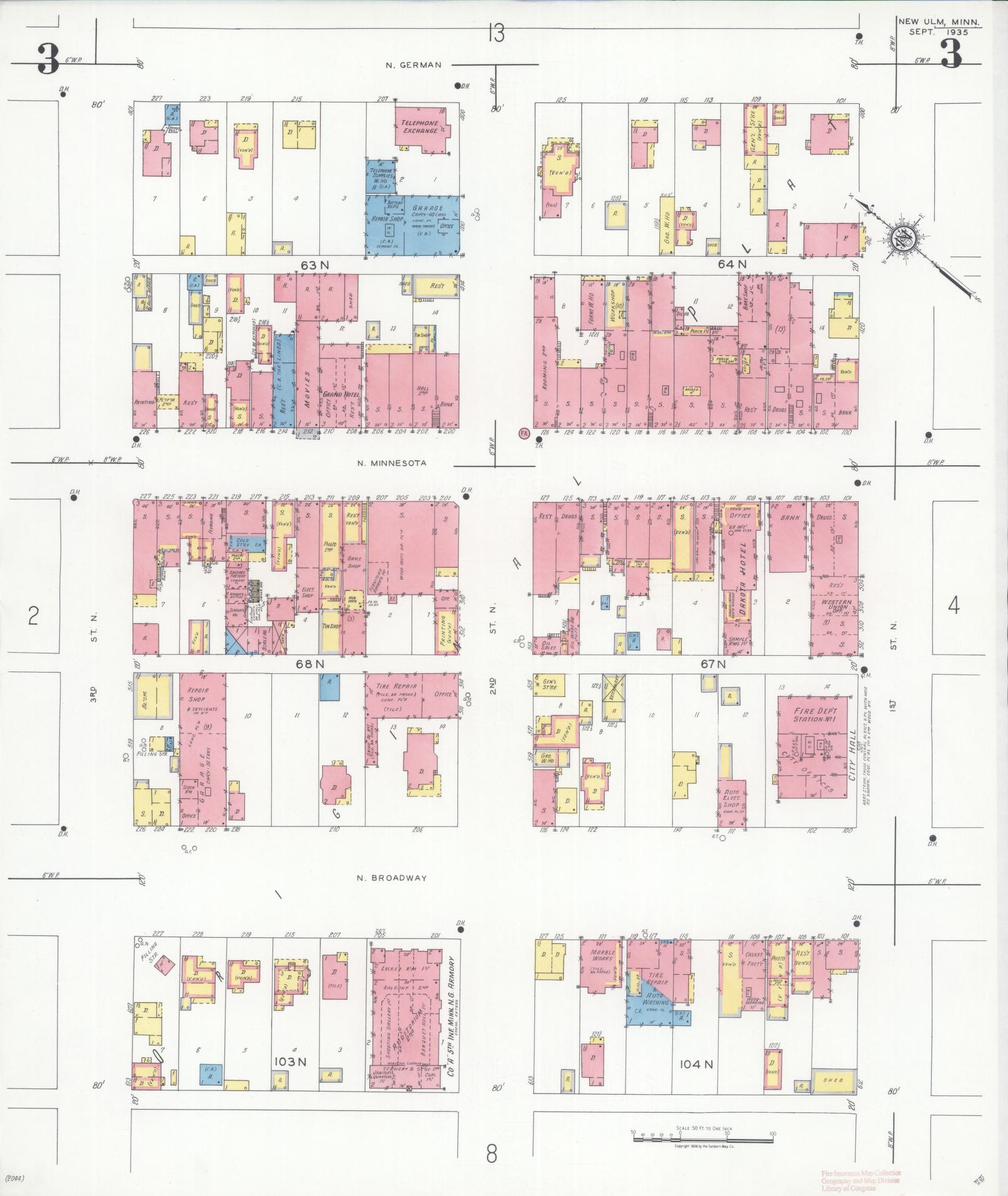 Sanborn Fire Insurance Map from New Ulm, Brown County, Minnesota (1935), Sheet #0003 - Historic Sanborn Fire Insurance Map Print, vintage old map wall art, antique decor, genealogy gift, Minnesota Minnesota map