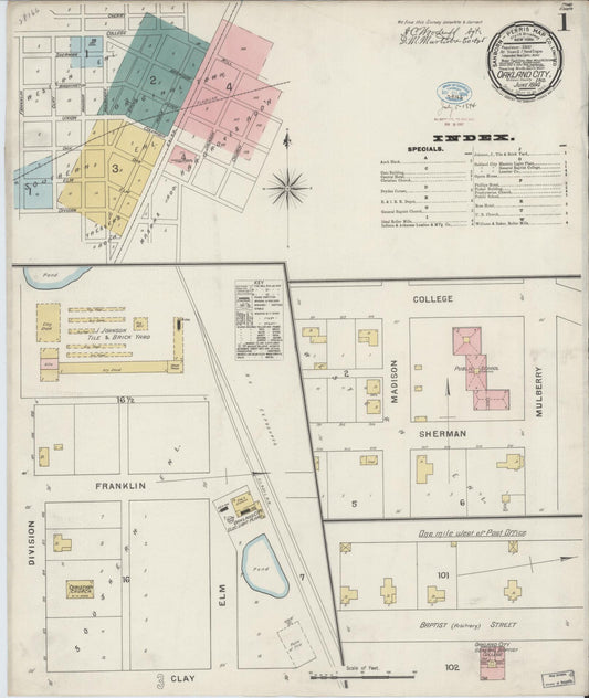 Sanborn Fire Insurance Map from Oakland City, Gibson County, Indiana (1894), Sheet #0001 - Historic Sanborn Fire Insurance Map Print, vintage old map wall art, antique decor, genealogy gift, Indiana Indiana map