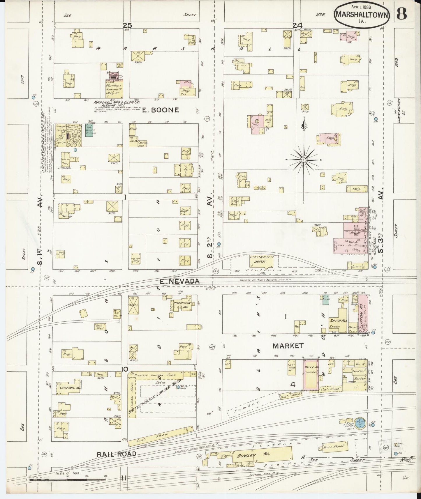 Sanborn Fire Insurance Map from Marshalltown, Marshall County, Iowa (1888), Sheet #0008 - Historic Sanborn Fire Insurance Map Print