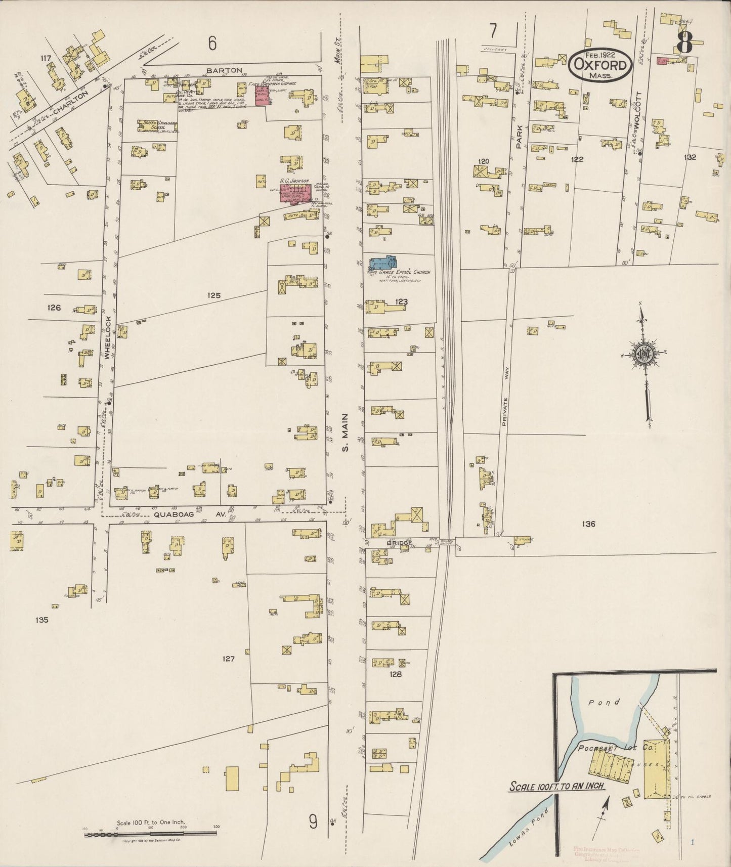 Sanborn Fire Insurance Map from Oxford, Worcester County, Massachusetts (1922), Sheet #0008 - Complete Map Set gallery image, historic Sanborn map, vintage wall art, Massachusetts Massachusetts