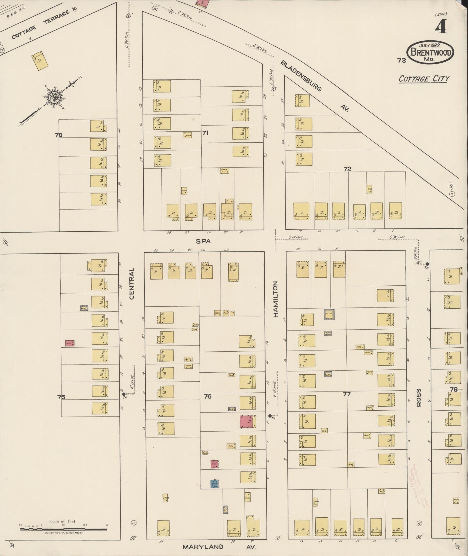 Sanborn Fire Insurance Map from Brentwood, Prince Georges County, Maryland (1922), Sheet #0004 - Historic Sanborn Fire Insurance Map Print, vintage old map wall art, antique decor, genealogy gift, Maryland Maryland map