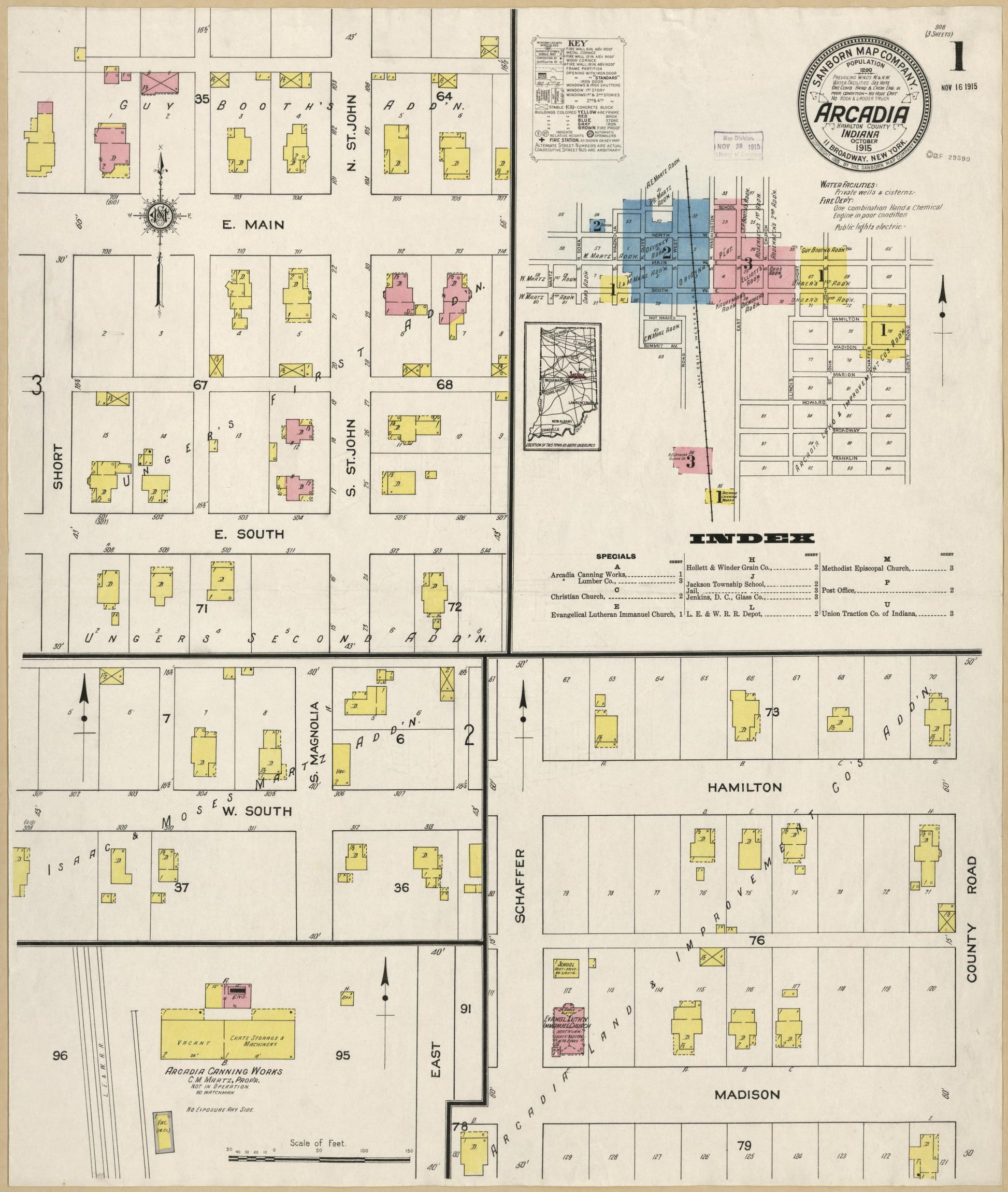 Sanborn Fire Insurance Map from Arcadia, Hamilton County, Indiana (1915), Sheet #0001 - Historic Sanborn Fire Insurance Map Print, vintage old map wall art, antique decor, genealogy gift, Indiana Indiana map