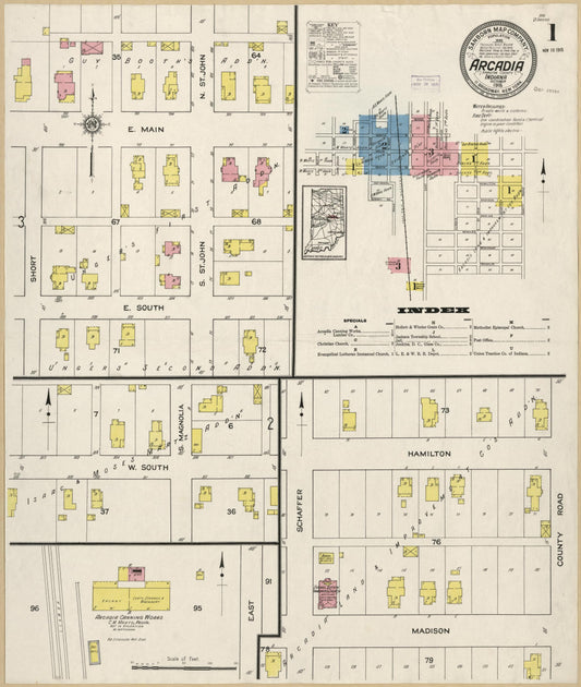 Sanborn Fire Insurance Map from Arcadia, Hamilton County, Indiana (1915), Sheet #0001 - Historic Sanborn Fire Insurance Map Print, vintage old map wall art, antique decor, genealogy gift, Indiana Indiana map