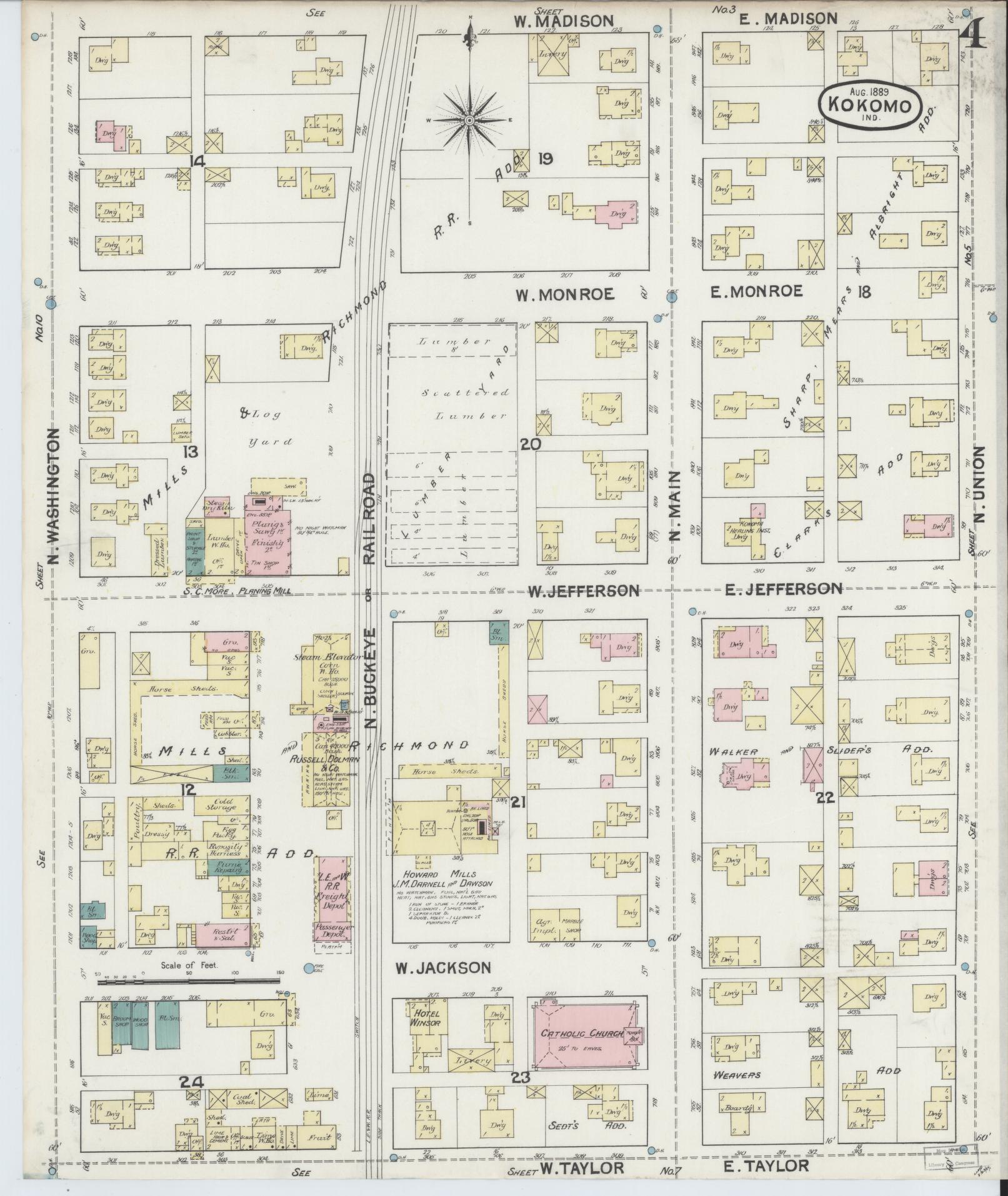 Sanborn Fire Insurance Map from Kokomo, Howard County, Indiana (1889), Sheet #0004 - Historic Sanborn Fire Insurance Map Print, vintage old map wall art, antique decor, genealogy gift, Indiana Indiana map