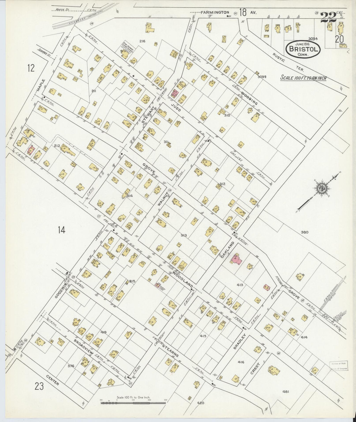 Sanborn Fire Insurance Map from Bristol, Hartford County, Connecticut (1916), Sheet #0022 - Historic Sanborn Fire Insurance Map Print, vintage old map wall art, antique decor, genealogy gift, Connecticut Connecticut map