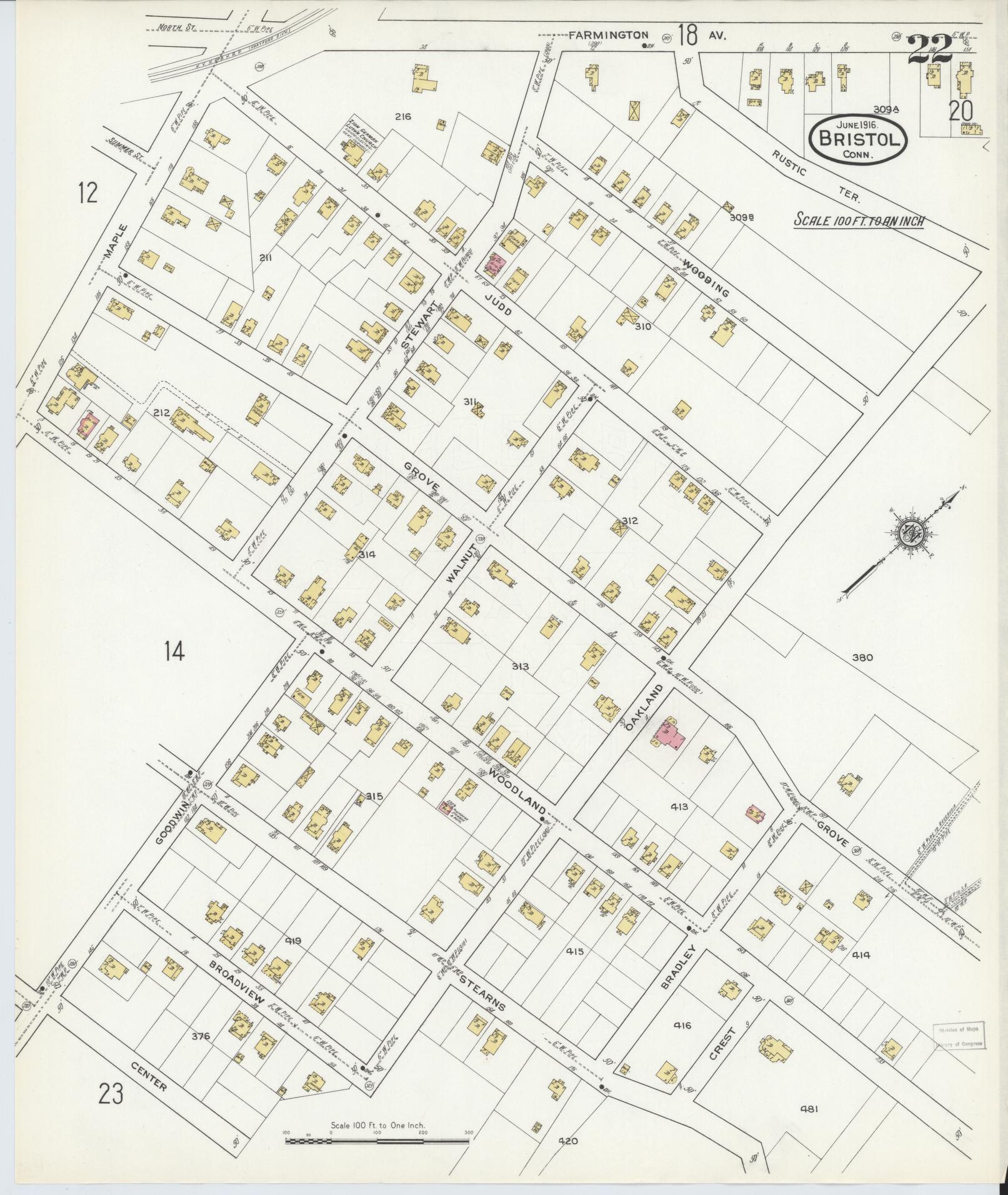 Sanborn Fire Insurance Map from Bristol, Hartford County, Connecticut (1916), Sheet #0022 - Historic Sanborn Fire Insurance Map Print, vintage old map wall art, antique decor, genealogy gift, Connecticut Connecticut map