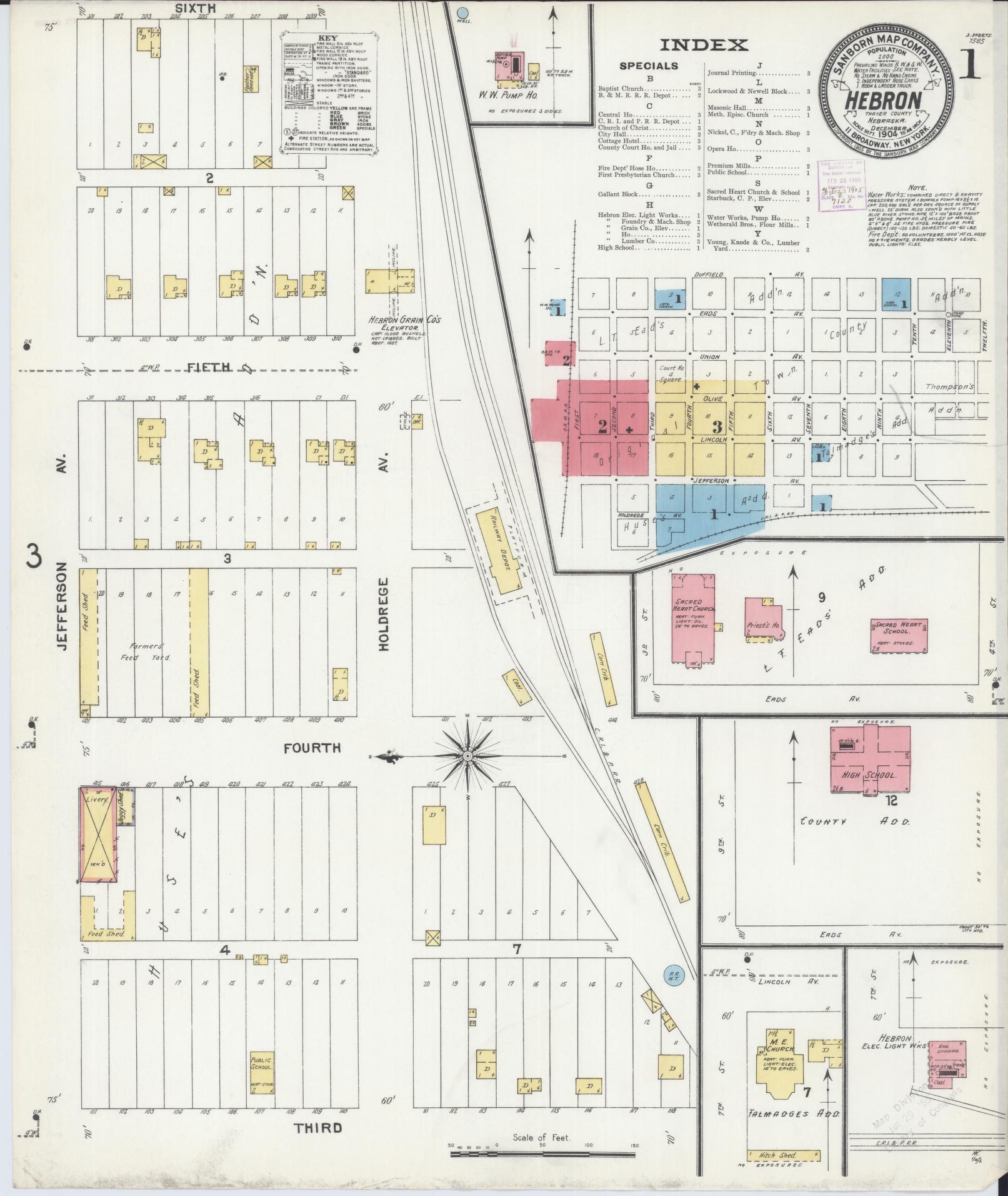 Sanborn Fire Insurance Map from Hebron, Thayer County, Nebraska (1904), Sheet #0001 - Historic Sanborn Fire Insurance Map Print, vintage old map wall art, antique decor, genealogy gift, Nebraska Nebraska map