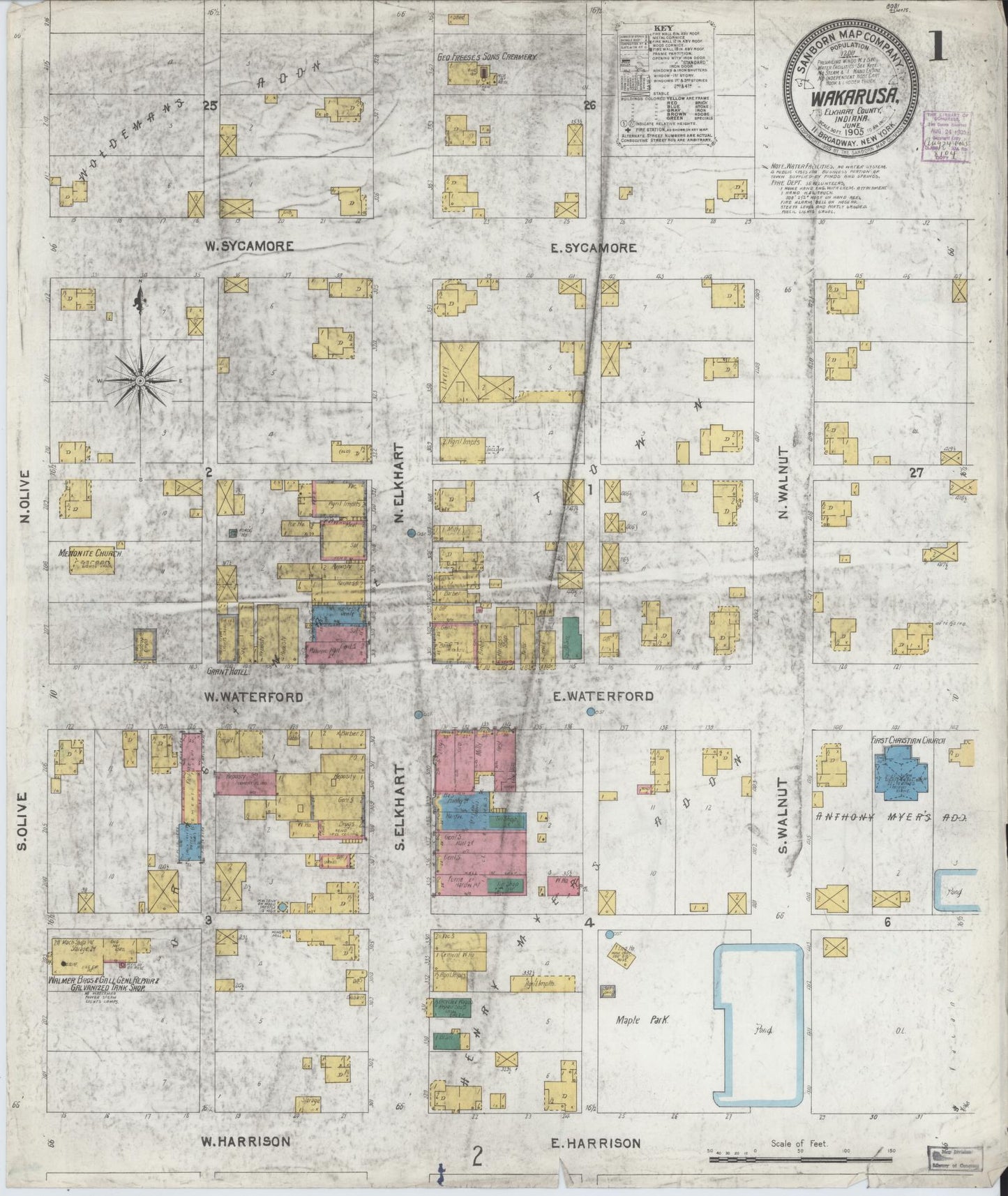 Sanborn Fire Insurance Map from Wakarusa, Elkhart County, Indiana (1905), Sheet #0001 - Historic Sanborn Fire Insurance Map Print, vintage old map wall art, antique decor, genealogy gift, Indiana Indiana map