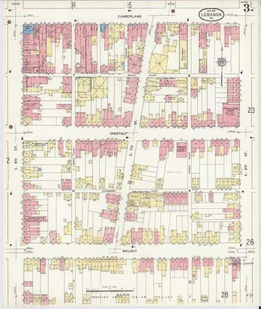 Sanborn Fire Insurance Map from Lebanon, Lebanon County, Pennsylvania (1912), Sheet #0003 - Historic Sanborn Fire Insurance Map Print, vintage old map wall art, antique decor, genealogy gift, Pennsylvania Pennsylvania map