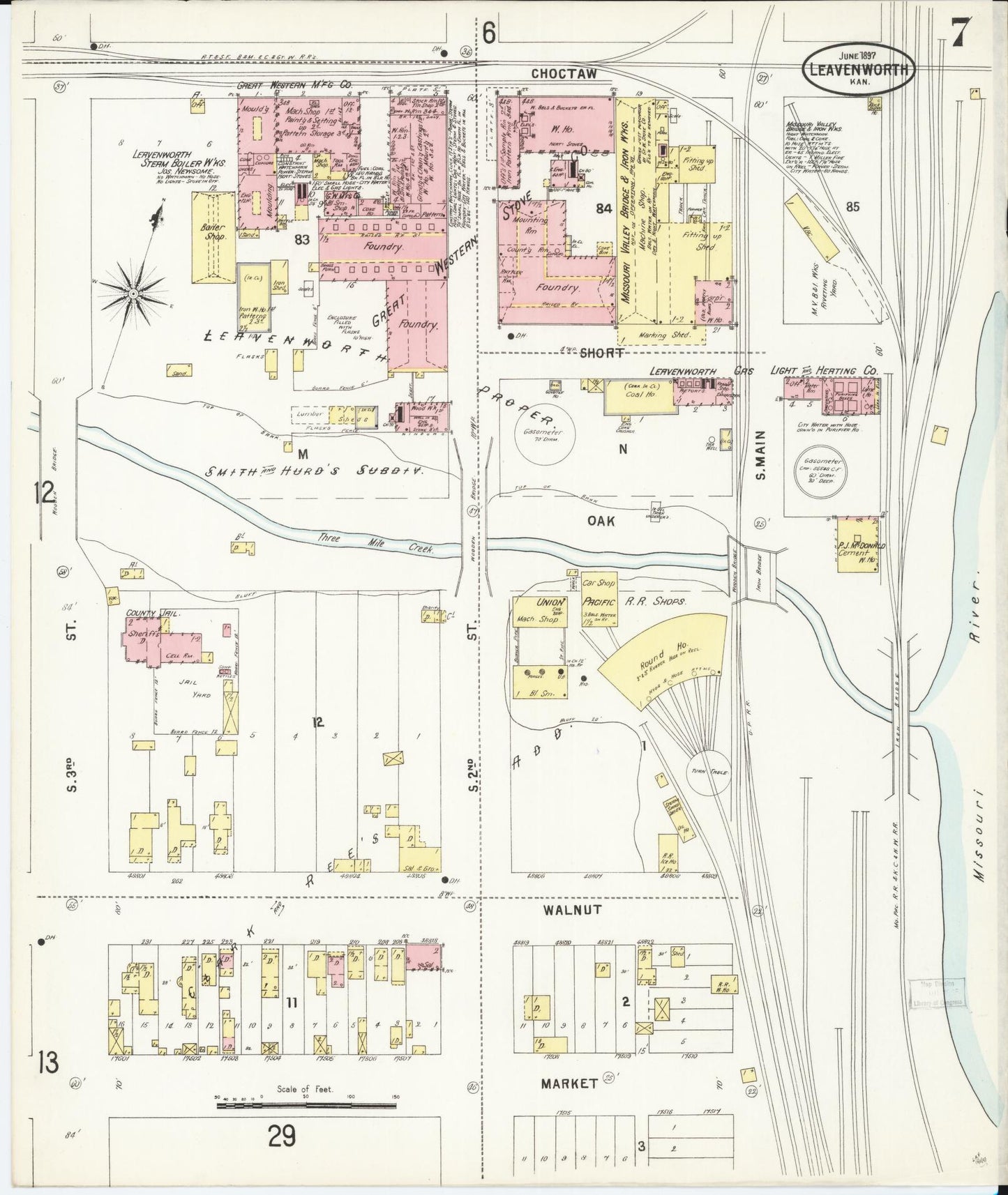 Sanborn Fire Insurance Map from Leavenworth, Leavenworth County, Kansas (1897), Sheet #0008 - Complete Map Set gallery image, historic Sanborn map, vintage wall art, Kansas Kansas