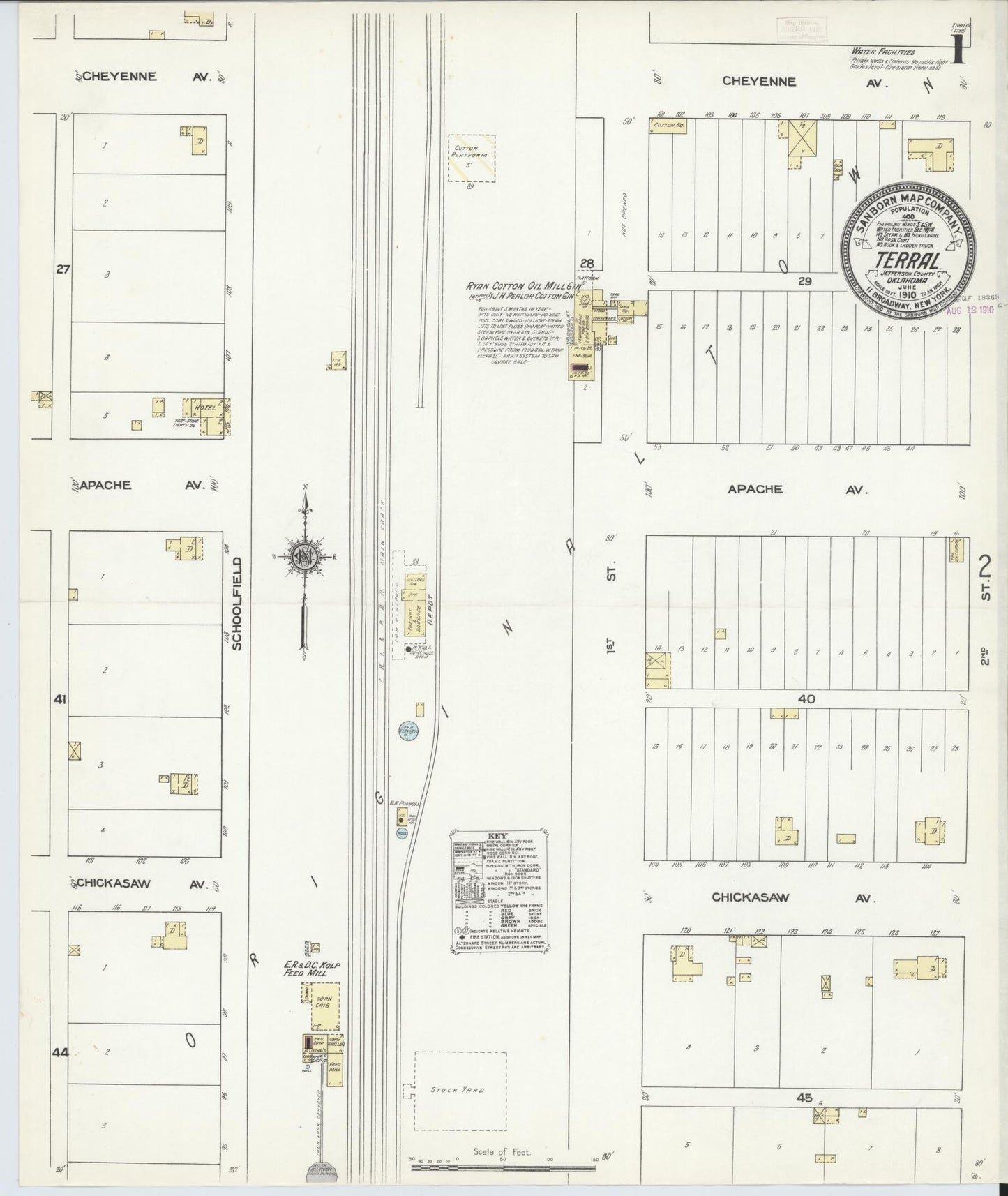 Sanborn Fire Insurance Map from Terral, Jefferson County, Oklahoma (1910), Sheet #0001 - Complete Map Set gallery image, historic Sanborn map, vintage wall art, Oklahoma Oklahoma