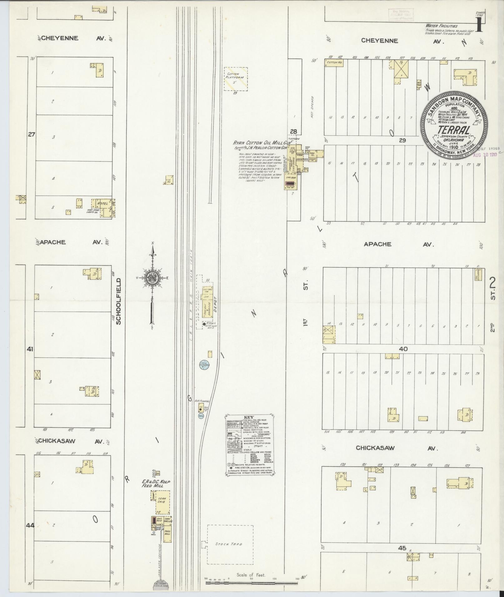 Sanborn Fire Insurance Map from Terral, Jefferson County, Oklahoma (1910), Sheet #0001 - Complete Map Set gallery image, historic Sanborn map, vintage wall art, Oklahoma Oklahoma