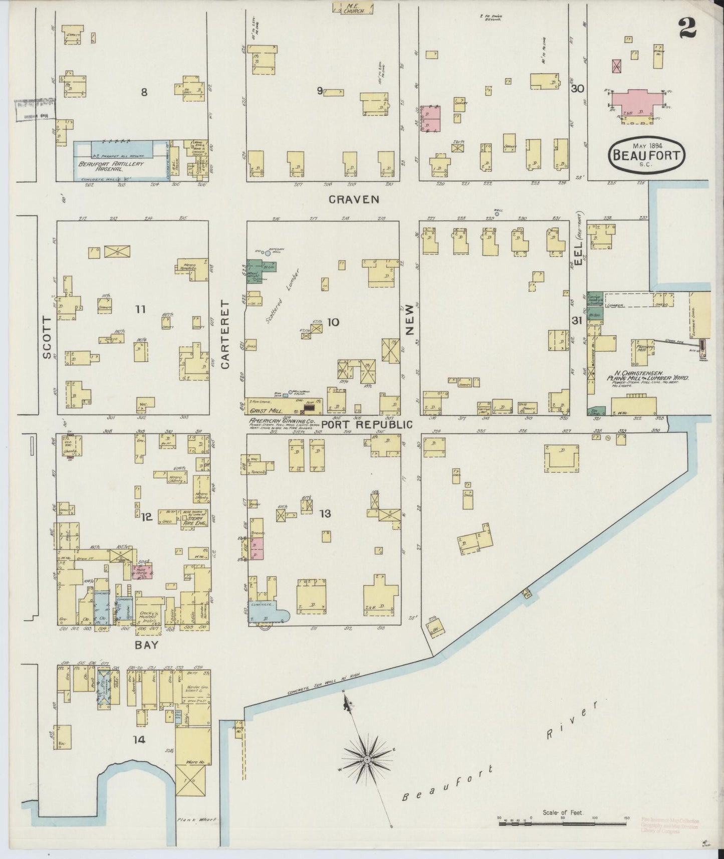 Sanborn Fire Insurance Map from Beaufort, Beaufort County, South Carolina (1894), Sheet #0002 - Historic Sanborn Fire Insurance Map Print, vintage old map wall art, antique decor, genealogy gift, South Carolina South Carolina map