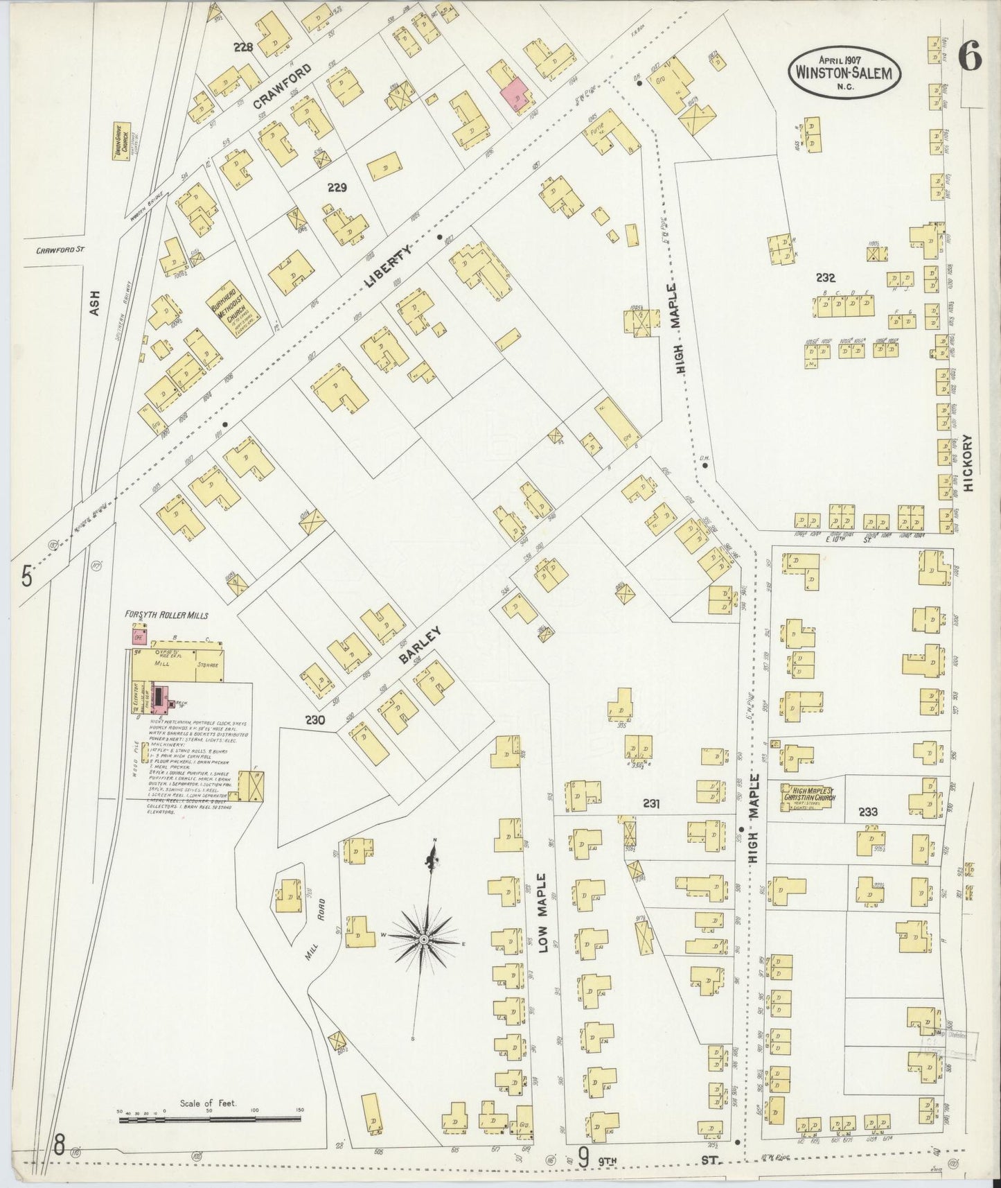 Sanborn Fire Insurance Map from Winston-Salem, Forsyth County, North Carolina (1907), Sheet #0006 - Complete Map Set gallery image, historic Sanborn map, vintage wall art, North Carolina North Carolina