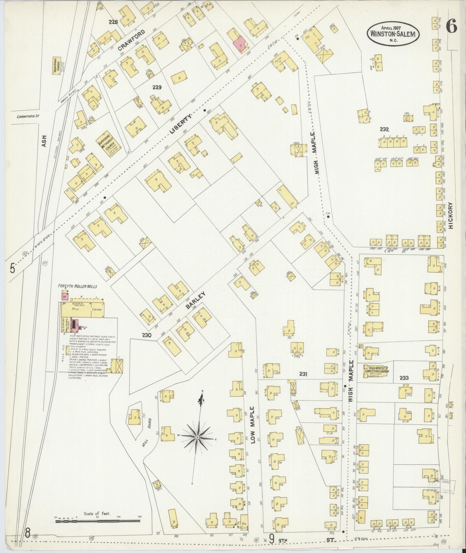 Sanborn Fire Insurance Map from Winston-Salem, Forsyth County, North Carolina (1907), Sheet #0006 - Complete Map Set gallery image, historic Sanborn map, vintage wall art, North Carolina North Carolina