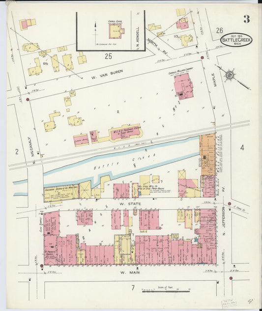 Sanborn Fire Insurance Map from Battle Creek, Calhoun County, Michigan (1913), Sheet #0003 - Historic Sanborn Fire Insurance Map Print, vintage old map wall art, antique decor, genealogy gift, Michigan Michigan map