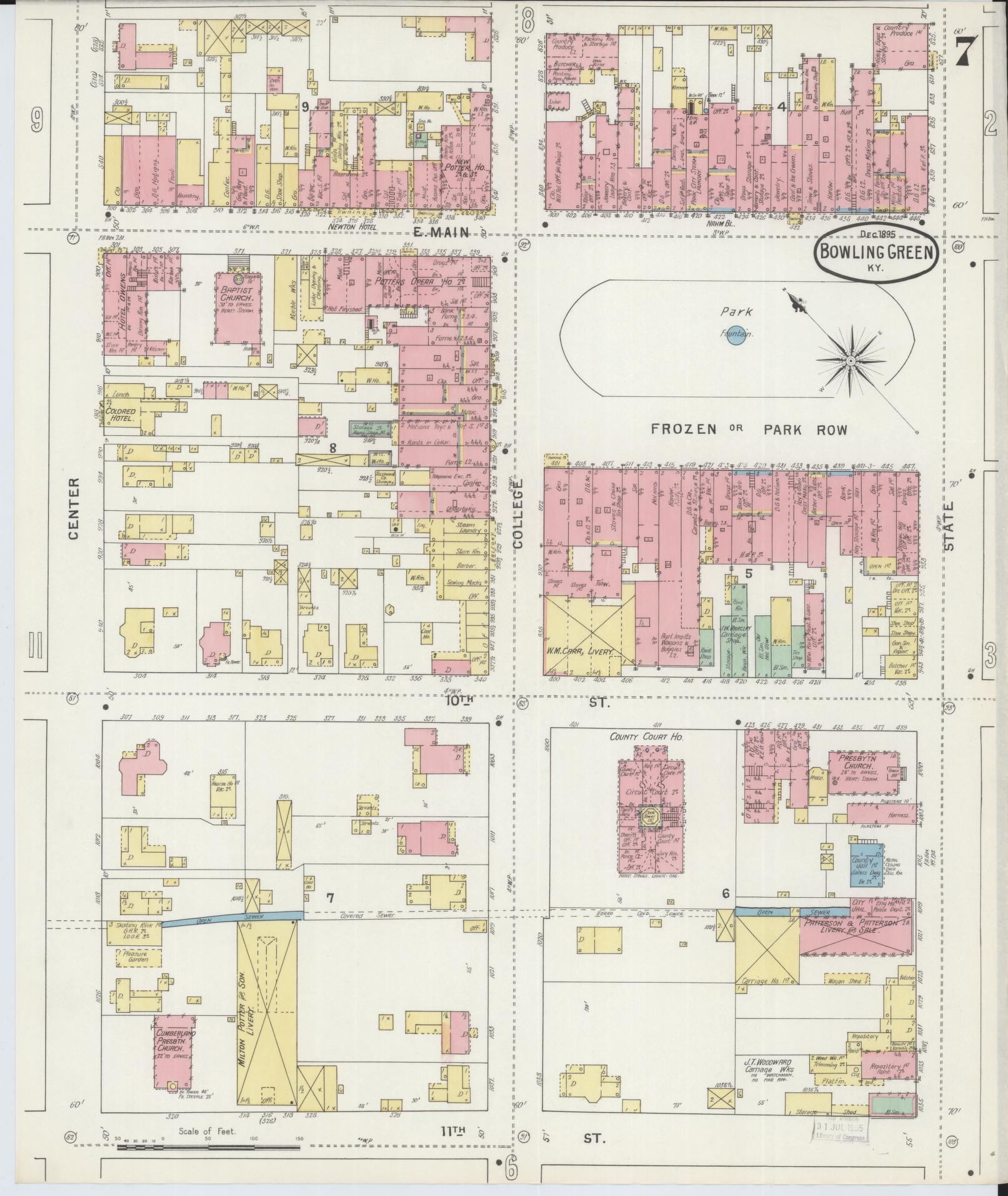 Sanborn Fire Insurance Map from Bowling Green, Warren County, Kentucky (1895), Sheet #0007 - Historic Sanborn Fire Insurance Map Print, vintage old map wall art, antique decor, genealogy gift, Kentucky Kentucky map