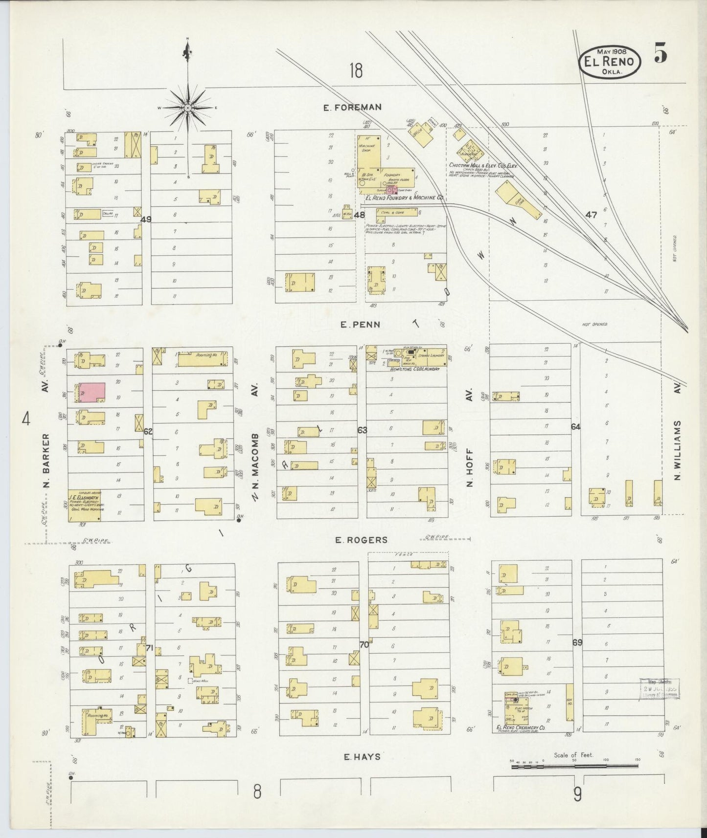 Sanborn Fire Insurance Map from El Reno, Canadian County, Oklahoma (1908), Sheet #0005 - Historic Sanborn Fire Insurance Map Print, vintage old map wall art, antique decor, genealogy gift, Oklahoma Oklahoma map