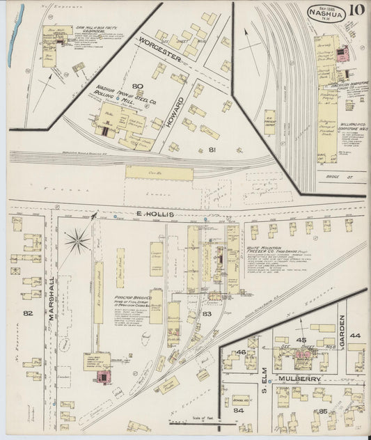 Sanborn Fire Insurance Map from Nashua, Hillsborough County, New Hampshire (1885), Sheet #0010 - Historic Sanborn Fire Insurance Map Print, vintage old map wall art, antique decor, genealogy gift, New Hampshire New Hampshire map