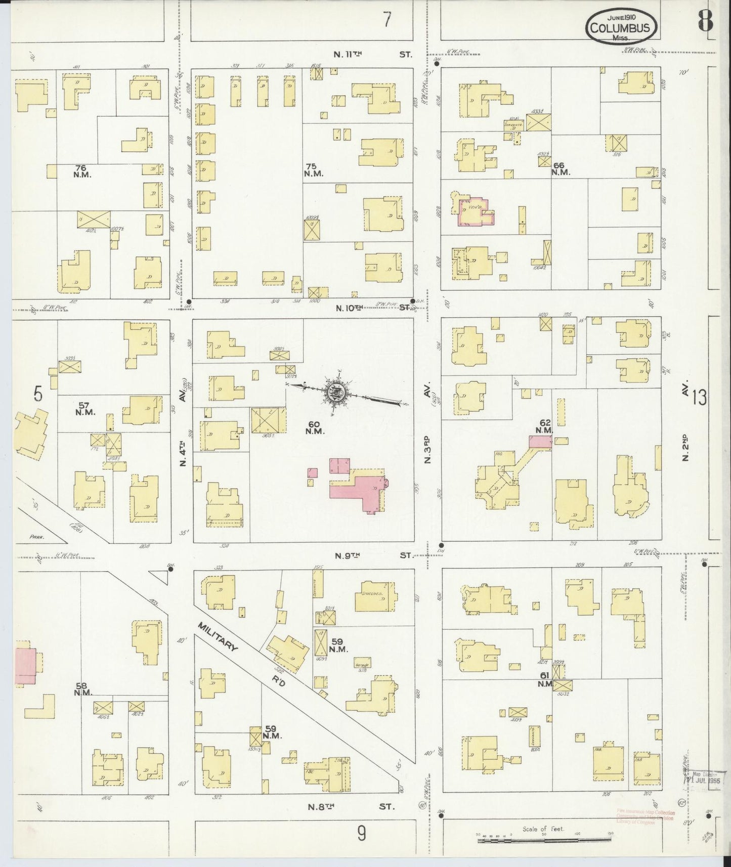 Sanborn Fire Insurance Map from Columbus, Lowndes County, Mississippi (1910), Sheet #0008 - Complete Map Set gallery image, historic Sanborn map, vintage wall art, Mississippi Mississippi