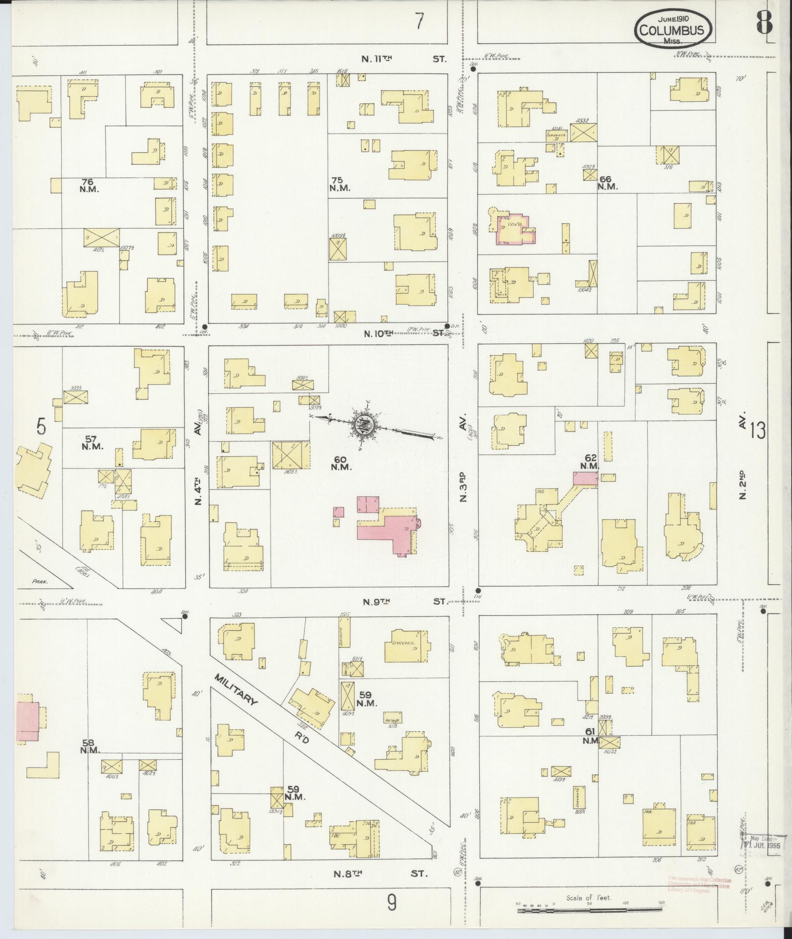 Sanborn Fire Insurance Map from Columbus, Lowndes County, Mississippi (1910), Sheet #0008 - Complete Map Set gallery image, historic Sanborn map, vintage wall art, Mississippi Mississippi