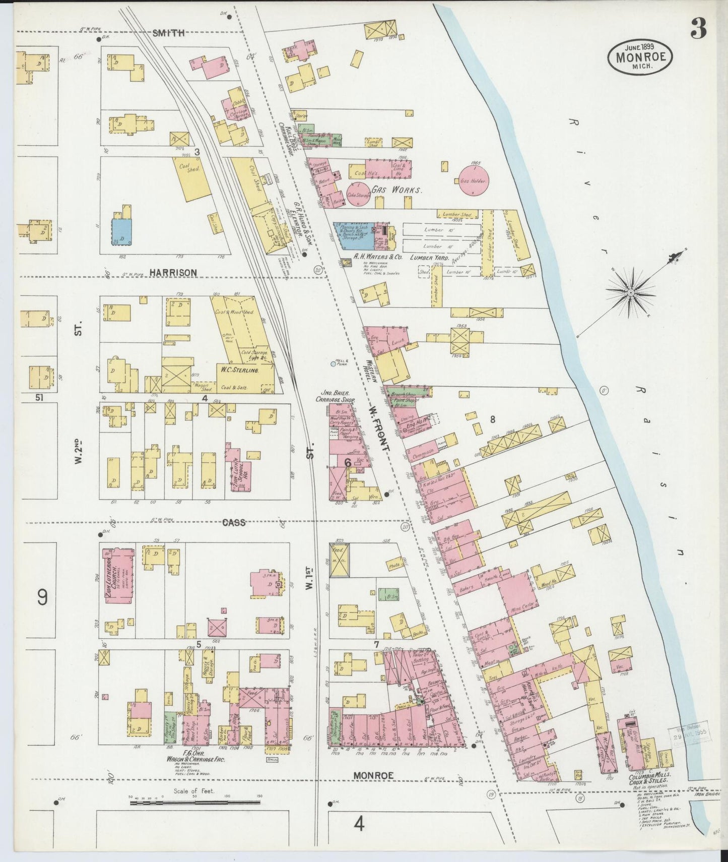 Sanborn Fire Insurance Map from Monroe, Monroe County, Michigan (1899), Sheet #0003 - Complete Map Set gallery image, historic Sanborn map, vintage wall art, Michigan Michigan