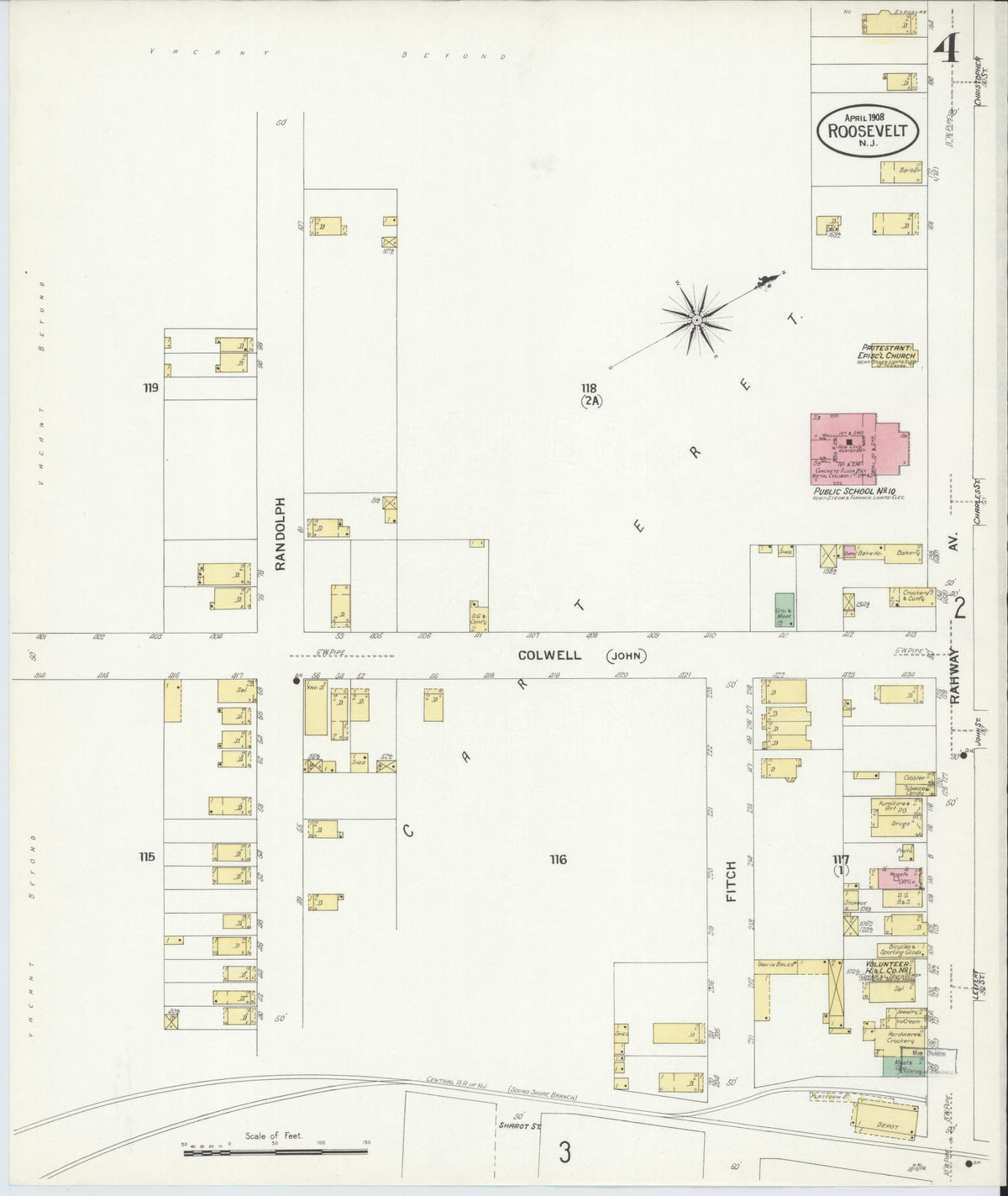 Sanborn Fire Insurance Map from Roosevelt, Middlesex County, New Jersey (1908), Sheet #0004 - Historic Sanborn Fire Insurance Map Print, vintage old map wall art, antique decor, genealogy gift, New Jersey New Jersey map