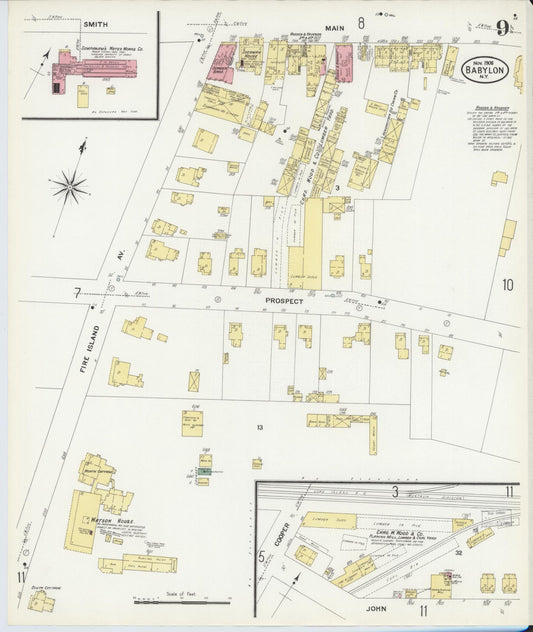 Sanborn Fire Insurance Map from Babylon, Suffolk County, New York (1908), Sheet #0009 - Historic Sanborn Fire Insurance Map Print, vintage old map wall art, antique decor, genealogy gift, New York New York map
