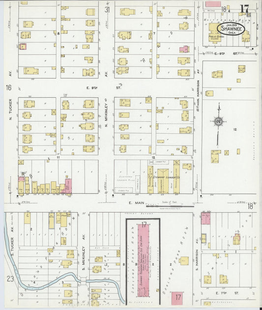 Sanborn Fire Insurance Map from Shawnee, Pottawatomie County, Oklahoma (1919), Sheet #0017 - Historic Sanborn Fire Insurance Map Print, vintage old map wall art, antique decor, genealogy gift, Oklahoma Oklahoma map