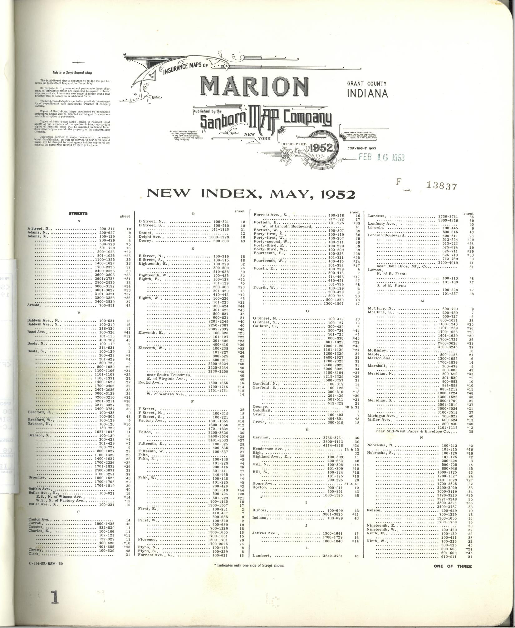 Sanborn Fire Insurance Map from Marion, Grant County, Indiana (1952), Sheet #0001 - Historic Sanborn Fire Insurance Map Print, vintage old map wall art, antique decor, genealogy gift, Indiana Indiana map