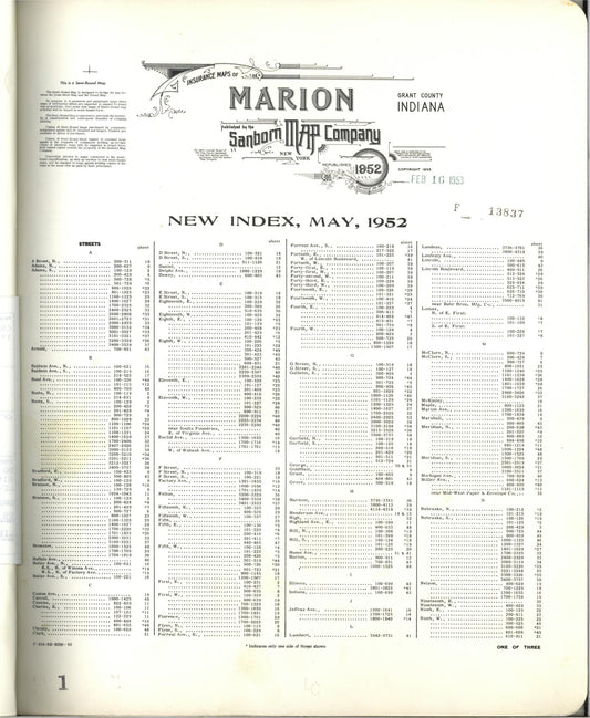Sanborn Fire Insurance Map from Marion, Grant County, Indiana (1952), Sheet #0001 - Historic Sanborn Fire Insurance Map Print, vintage old map wall art, antique decor, genealogy gift, Indiana Indiana map