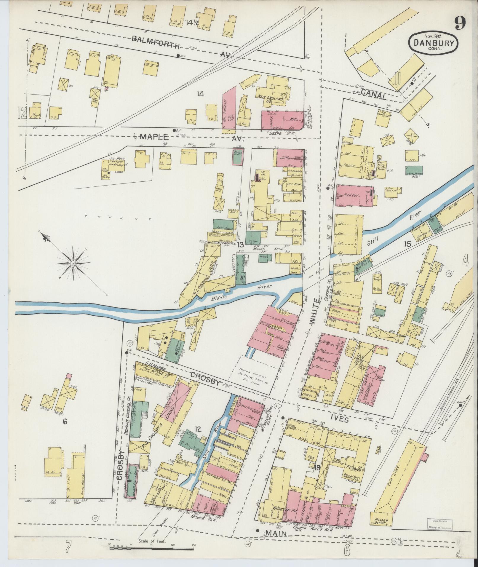Sanborn Fire Insurance Map from Danbury, Fairfield County, Connecticut (1892), Sheet #0009 - Historic Sanborn Fire Insurance Map Print, vintage old map wall art, antique decor, genealogy gift, Connecticut Connecticut map