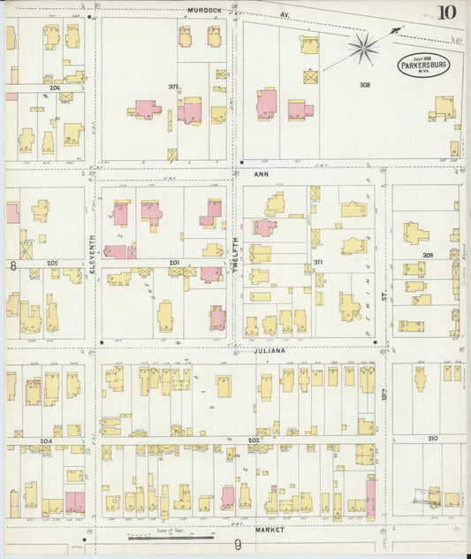 Sanborn Fire Insurance Map from Parkersburg, Wood County, West Virginia (1898), Sheet #0010 - Historic Sanborn Fire Insurance Map Print, vintage old map wall art, antique decor, genealogy gift, West Virginia West Virginia map