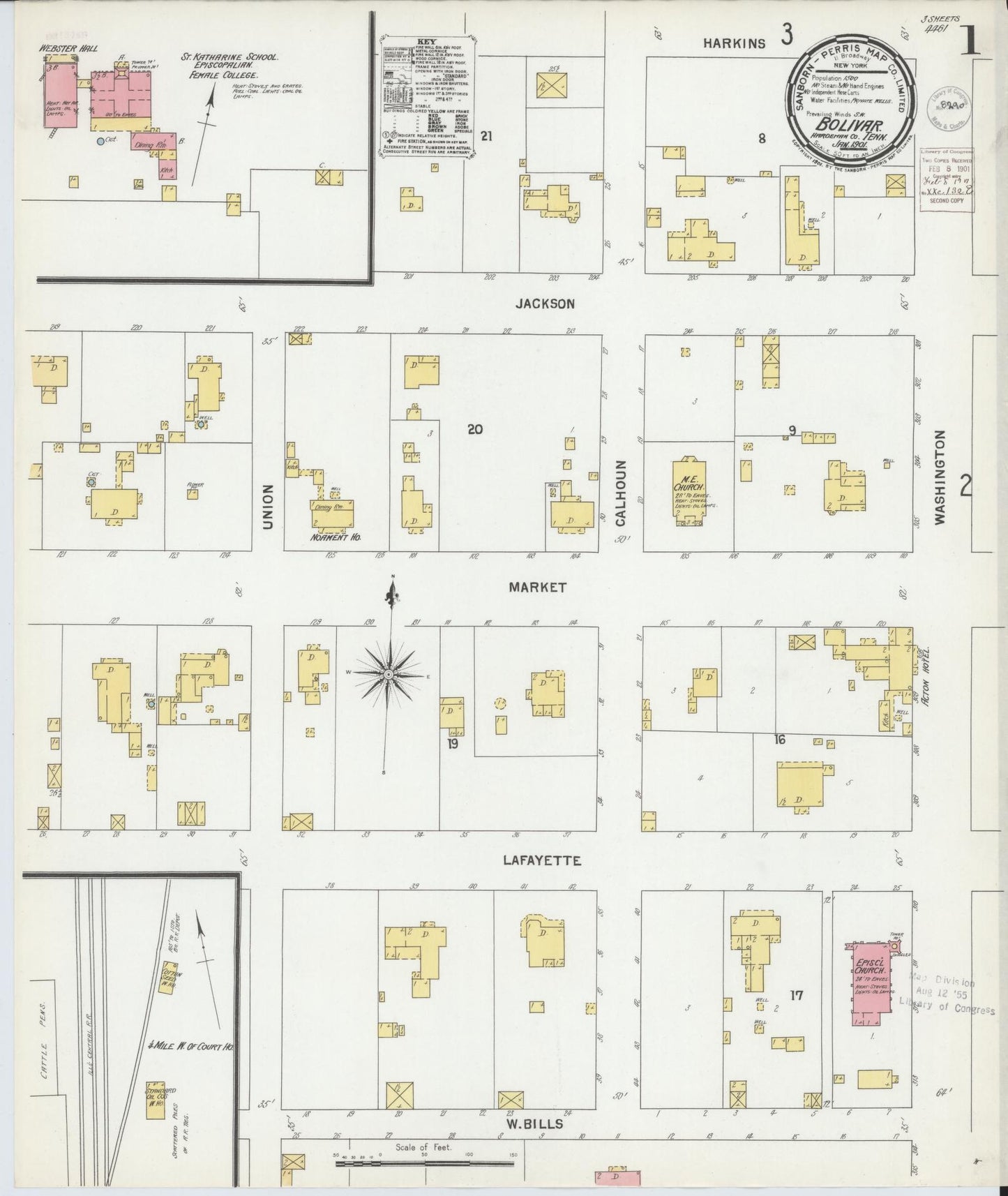 Sanborn Fire Insurance Map from Bolivar, Hardeman County, Tennessee (1901), Sheet #0001 - Complete Map Set gallery image, historic Sanborn map, vintage wall art, Tennessee Tennessee