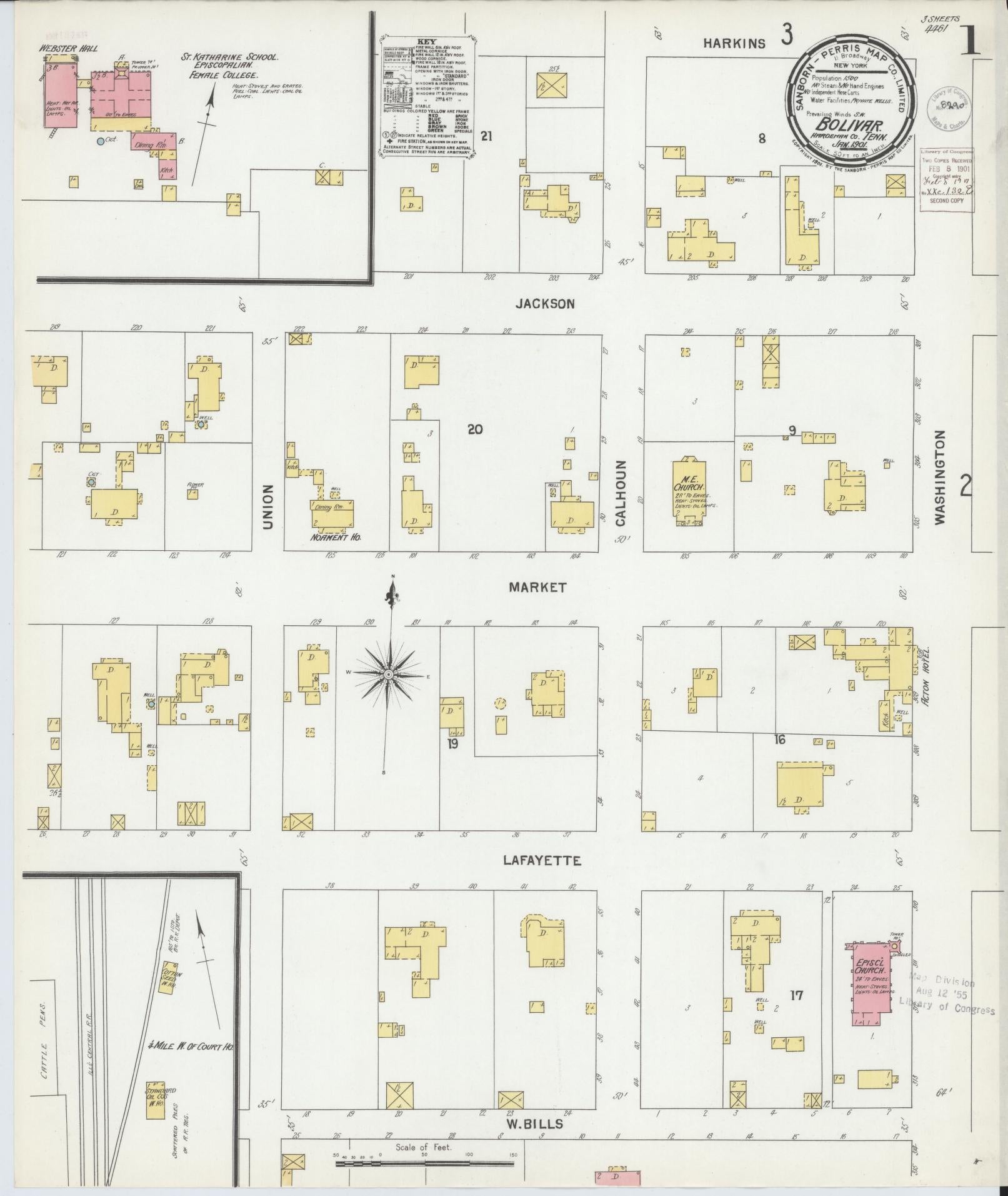 Sanborn Fire Insurance Map from Bolivar, Hardeman County, Tennessee (1901), Sheet #0001 - Complete Map Set gallery image, historic Sanborn map, vintage wall art, Tennessee Tennessee