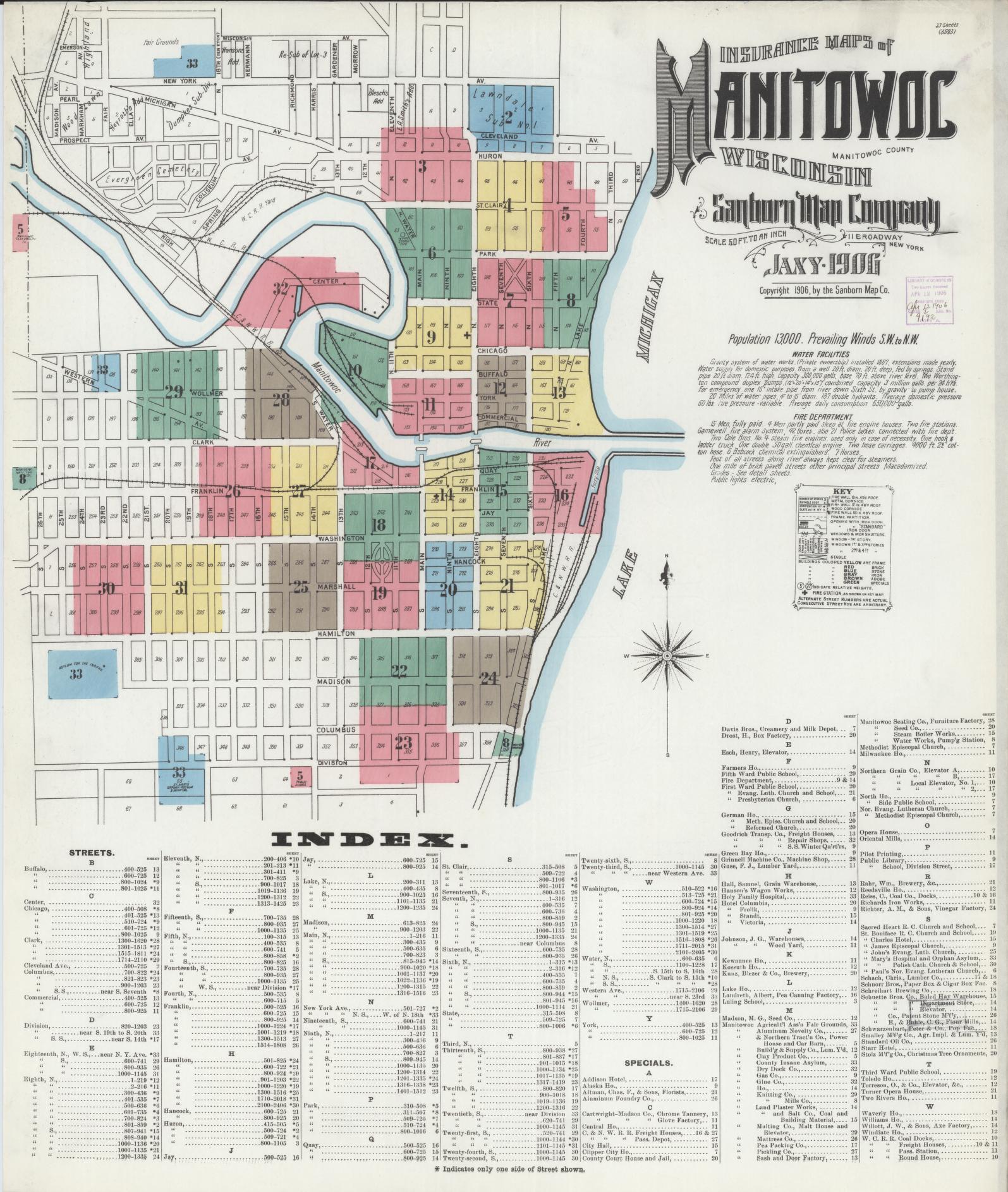Sanborn Fire Insurance Map from Manitowoc, Manitowoc County, Wisconsin (1906), Sheet #0001 - Complete Map Set gallery image, historic Sanborn map, vintage wall art, Wisconsin Wisconsin