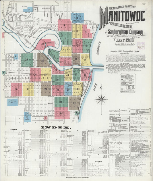 Sanborn Fire Insurance Map from Manitowoc, Manitowoc County, Wisconsin (1906), Sheet #0001 - Complete Map Set gallery image, historic Sanborn map, vintage wall art, Wisconsin Wisconsin