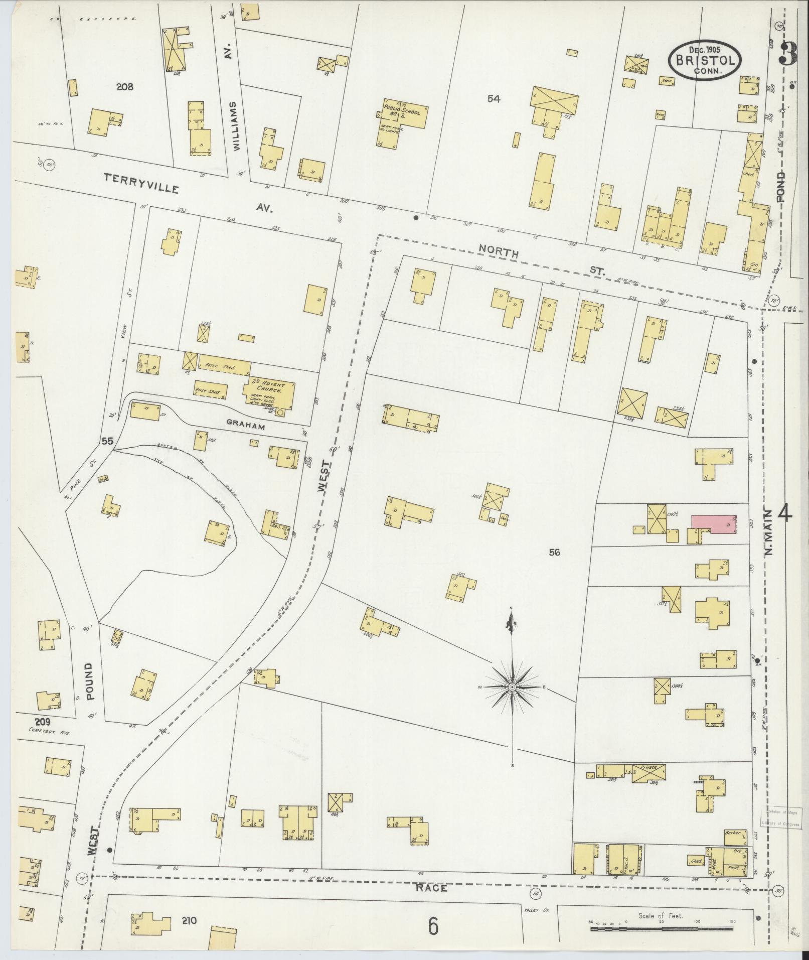 Sanborn Fire Insurance Map from Bristol, Hartford County, Connecticut (1905), Sheet #0003 - Complete Map Set gallery image, historic Sanborn map, vintage wall art, Connecticut Connecticut