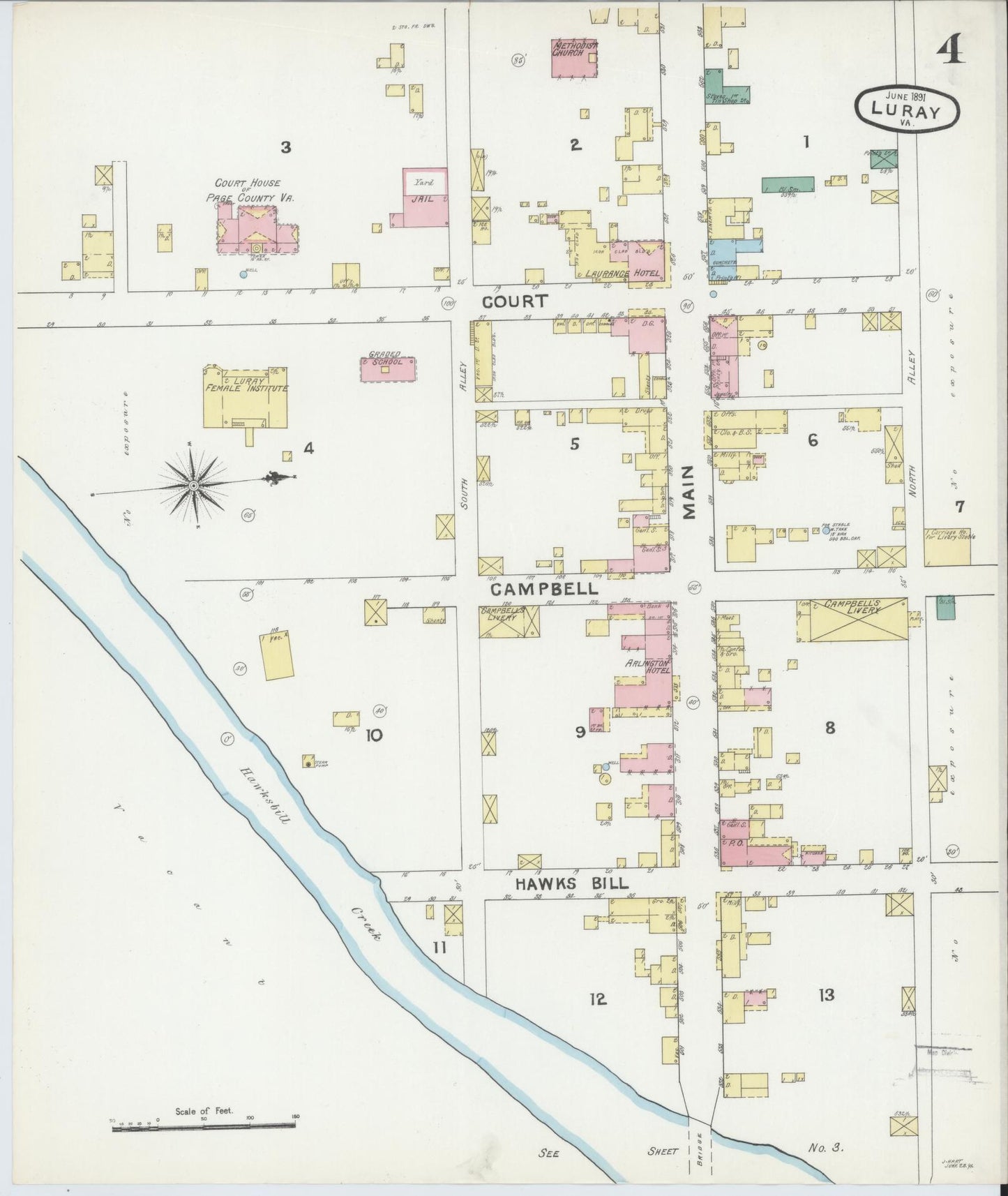 Sanborn Fire Insurance Map from Luray, Page County, Virginia (1891), Sheet #0004 - Complete Map Set gallery image, historic Sanborn map, vintage wall art, Virginia Virginia