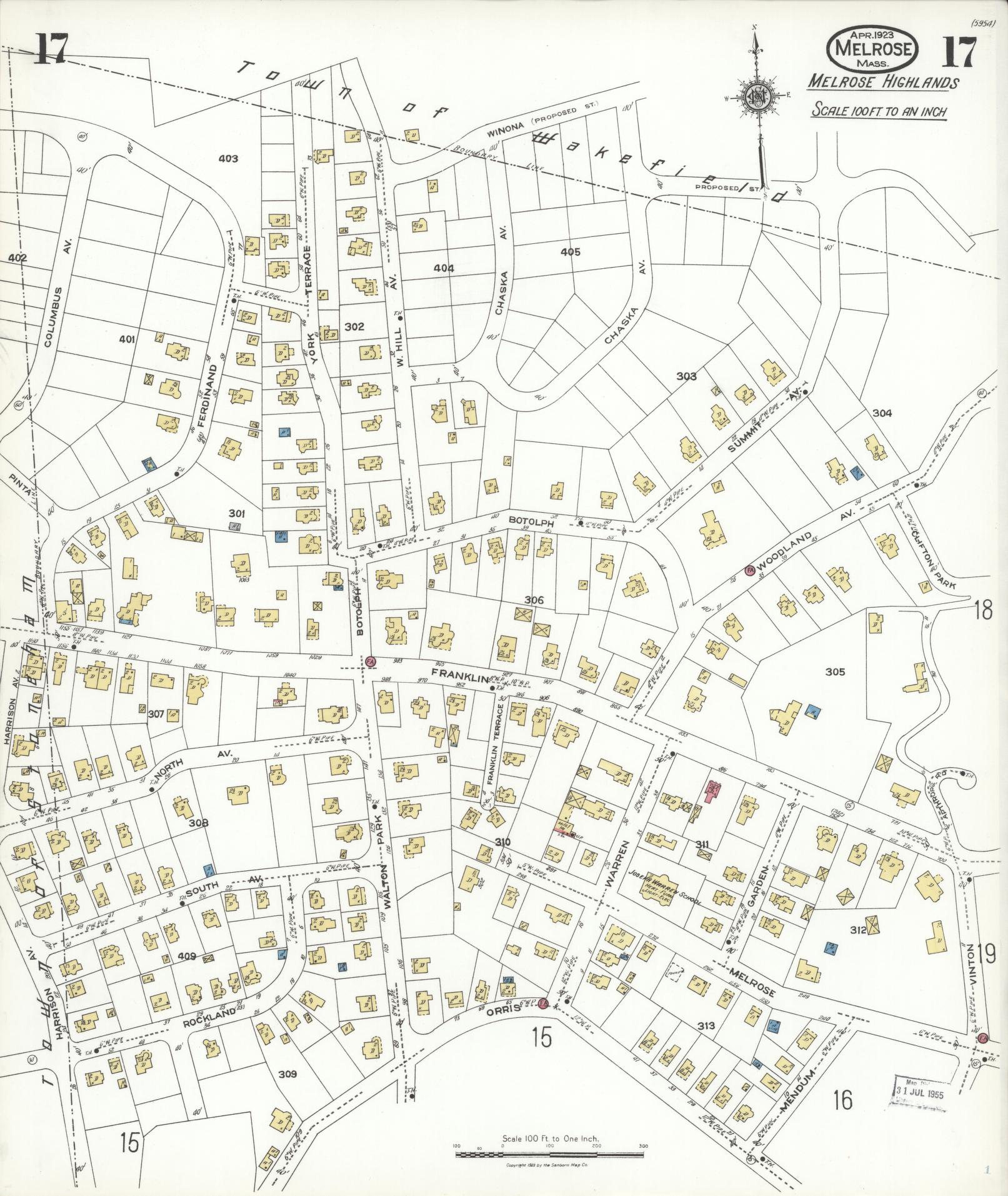 Sanborn Fire Insurance Map from Melrose, Middlesex County, Massachusetts (1923), Sheet #0017 - Historic Sanborn Fire Insurance Map Print, vintage old map wall art, antique decor, genealogy gift, Massachusetts Massachusetts map