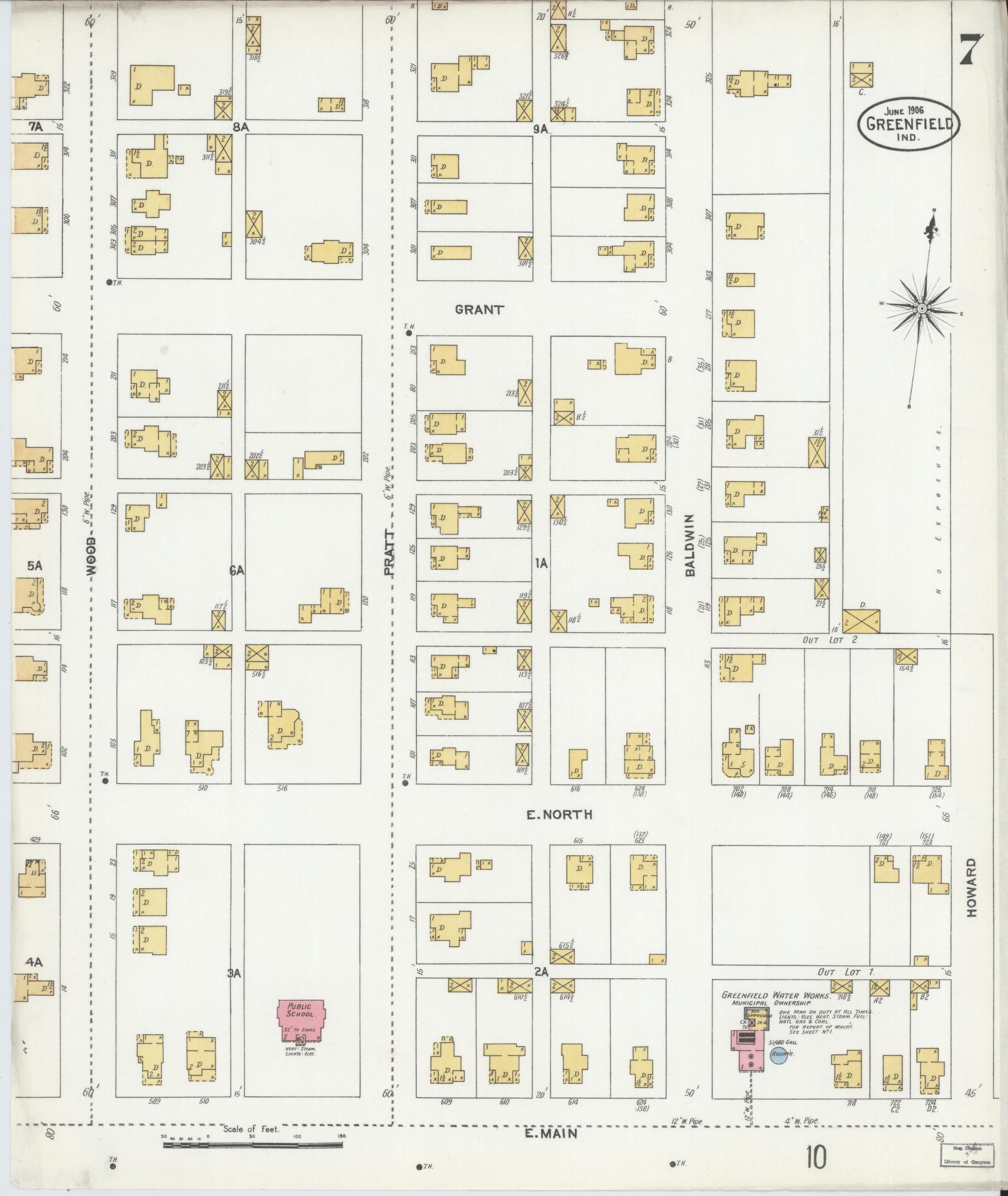 Sanborn Fire Insurance Map from Greenfield, Hancock County, Indiana (1906), Sheet #0007 - Historic Sanborn Fire Insurance Map Print, vintage old map wall art, antique decor, genealogy gift, Indiana Indiana map