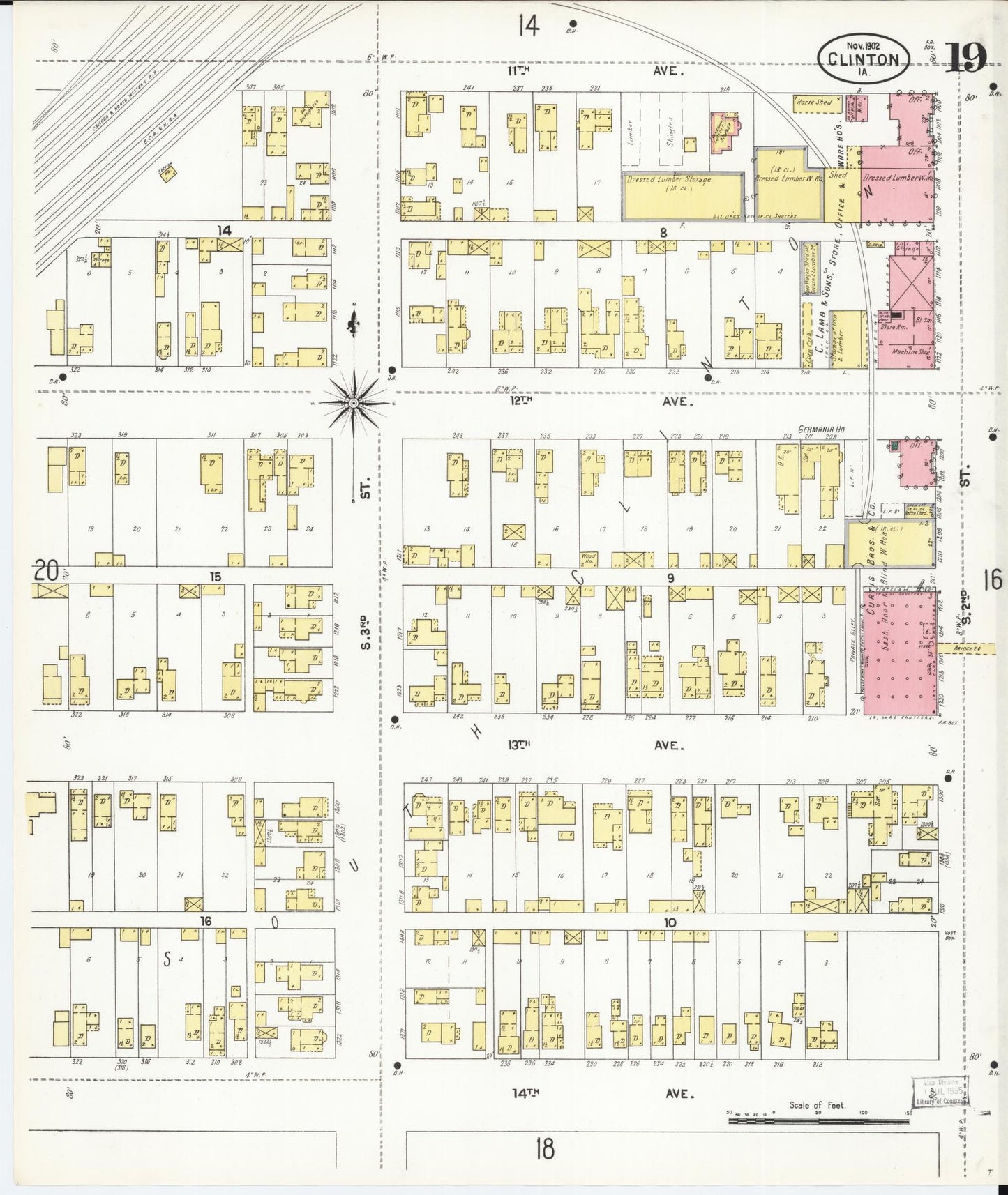 Sanborn Fire Insurance Map from Clinton, Clinton County, Iowa (1902), Sheet #0019 - Historic Sanborn Fire Insurance Map Print, vintage old map wall art
