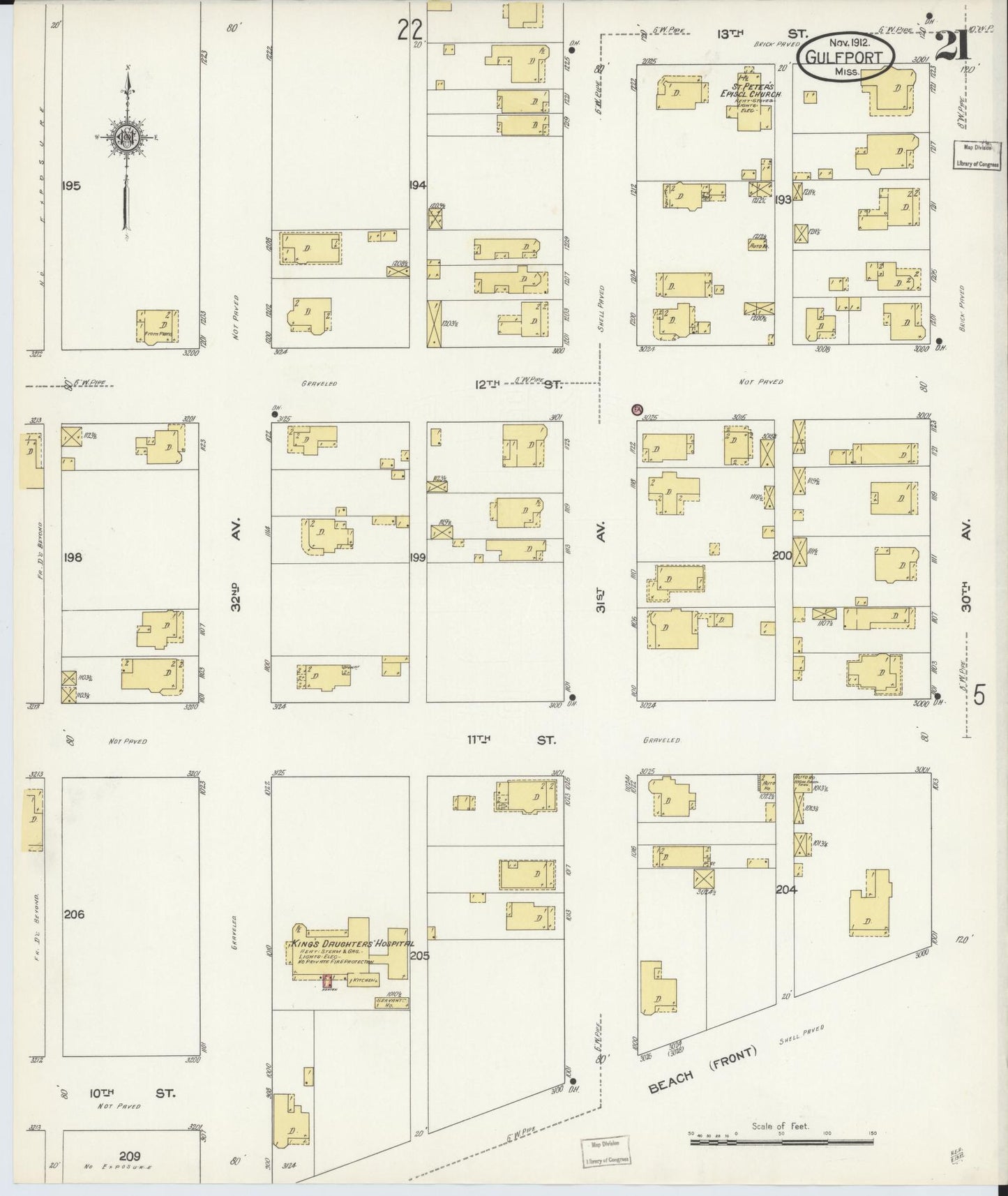Sanborn Fire Insurance Map from Gulfport, Harrison County, Mississippi (1912), Sheet #0021 - Complete Map Set gallery image, historic Sanborn map, vintage wall art, Mississippi Mississippi