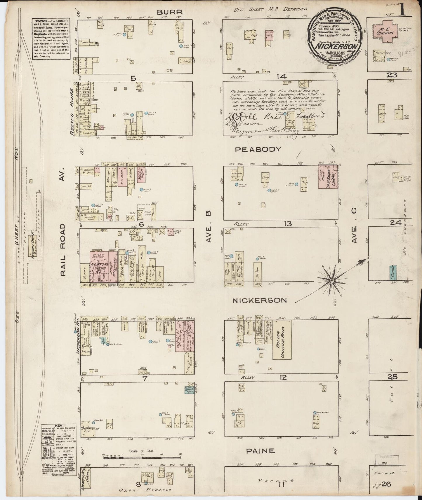 Sanborn Fire Insurance Map from Nickerson, Reno County, Kansas (1885), Sheet #0001 - Historic Sanborn Fire Insurance Map Print, vintage old map wall art, antique decor, genealogy gift, Kansas Kansas map