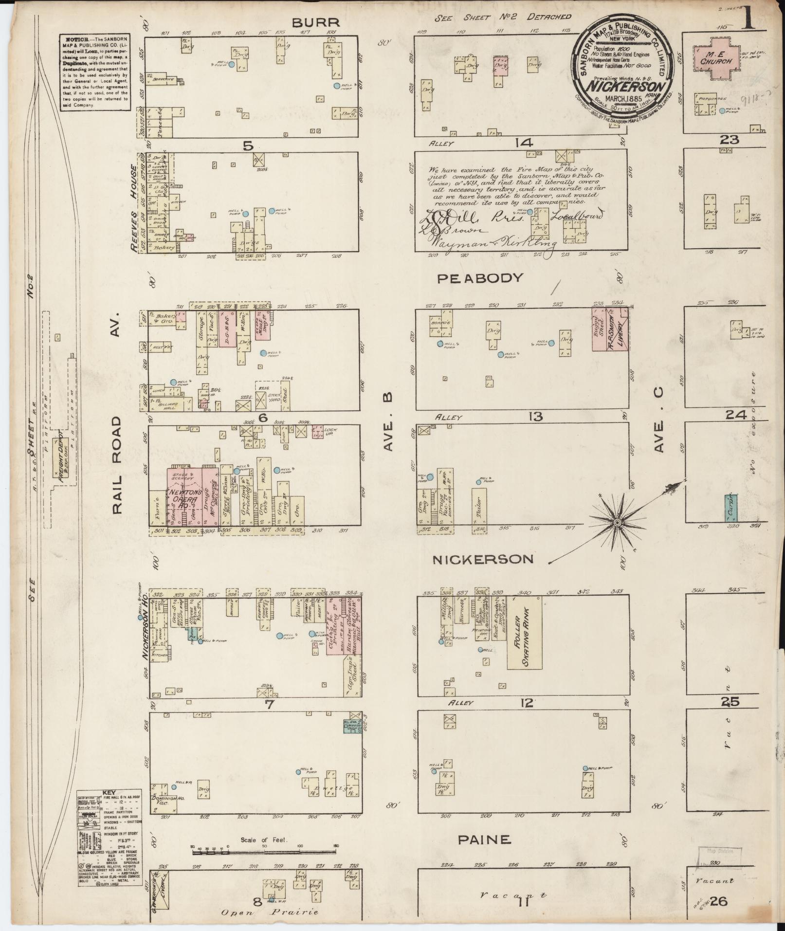 Sanborn Fire Insurance Map from Nickerson, Reno County, Kansas (1885), Sheet #0001 - Historic Sanborn Fire Insurance Map Print, vintage old map wall art, antique decor, genealogy gift, Kansas Kansas map