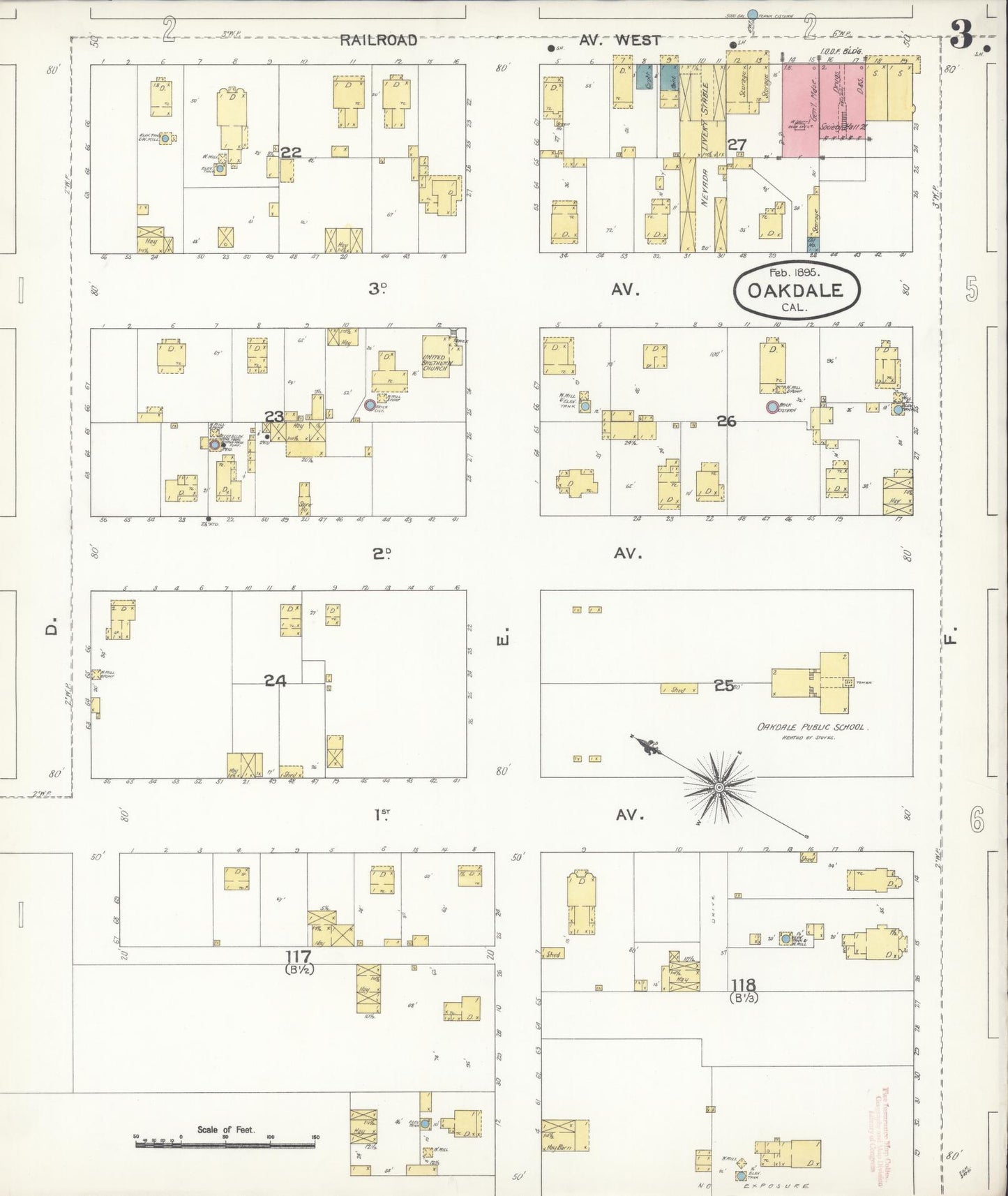 Sanborn Fire Insurance Map from Oakdale, Stanislaus County, California (1895), Sheet #0003 - Complete Map Set gallery image, historic Sanborn map, vintage wall art, California California
